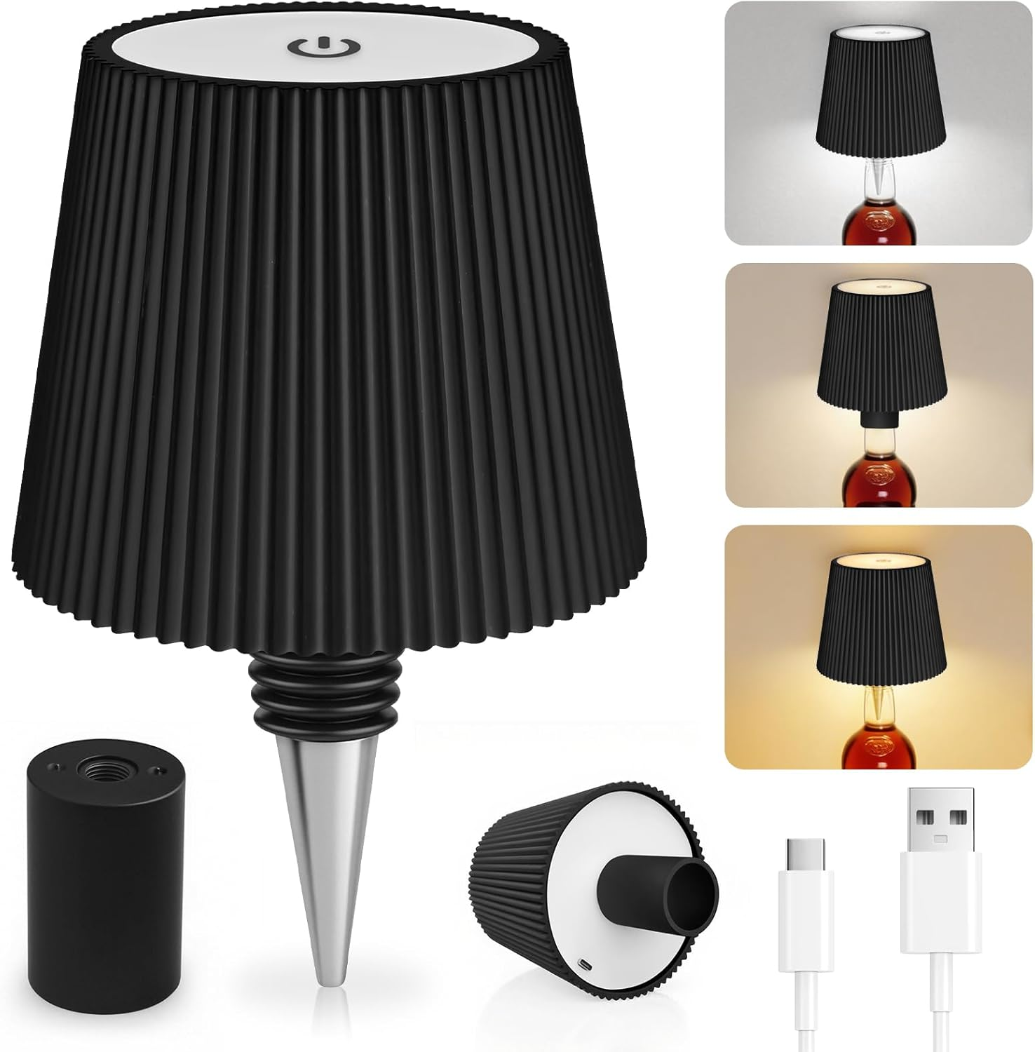 Bottle Lamp Attachment LED Rechargeable, 3 Adjustable Colour Temperature Modes, Touch Bottle Lamp, Protection Class IP54, Wireless USB Rechargeable Table Lamps, for Restaurant, Bedroom, Garden, Bar image number 1