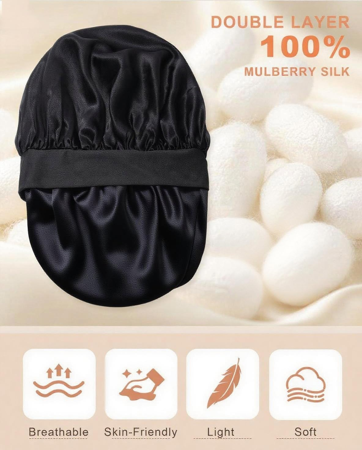 100% Silk Bonnet for Sleeping, Double Layer 22 Momme Mulberry Silk Hair Bonnets, Silky Wrap with Soft Tie Band Sleep Caps for Women (Black) image number 1