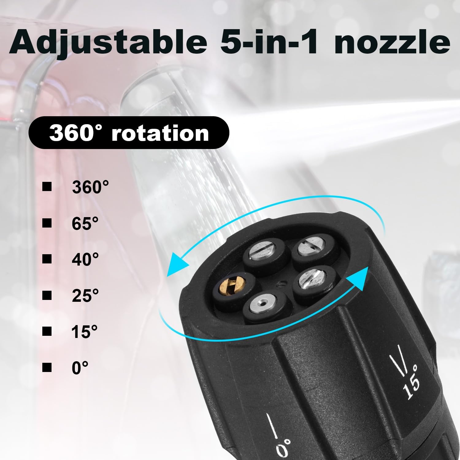 Five-In-One High Pressure Nozzle, 1/4 Inch Quick Connector Adjustable Pressure Washer Tips Power Washer Rotating Turbo Nozzle for Garden Pet Street Car Cleaning image number 5