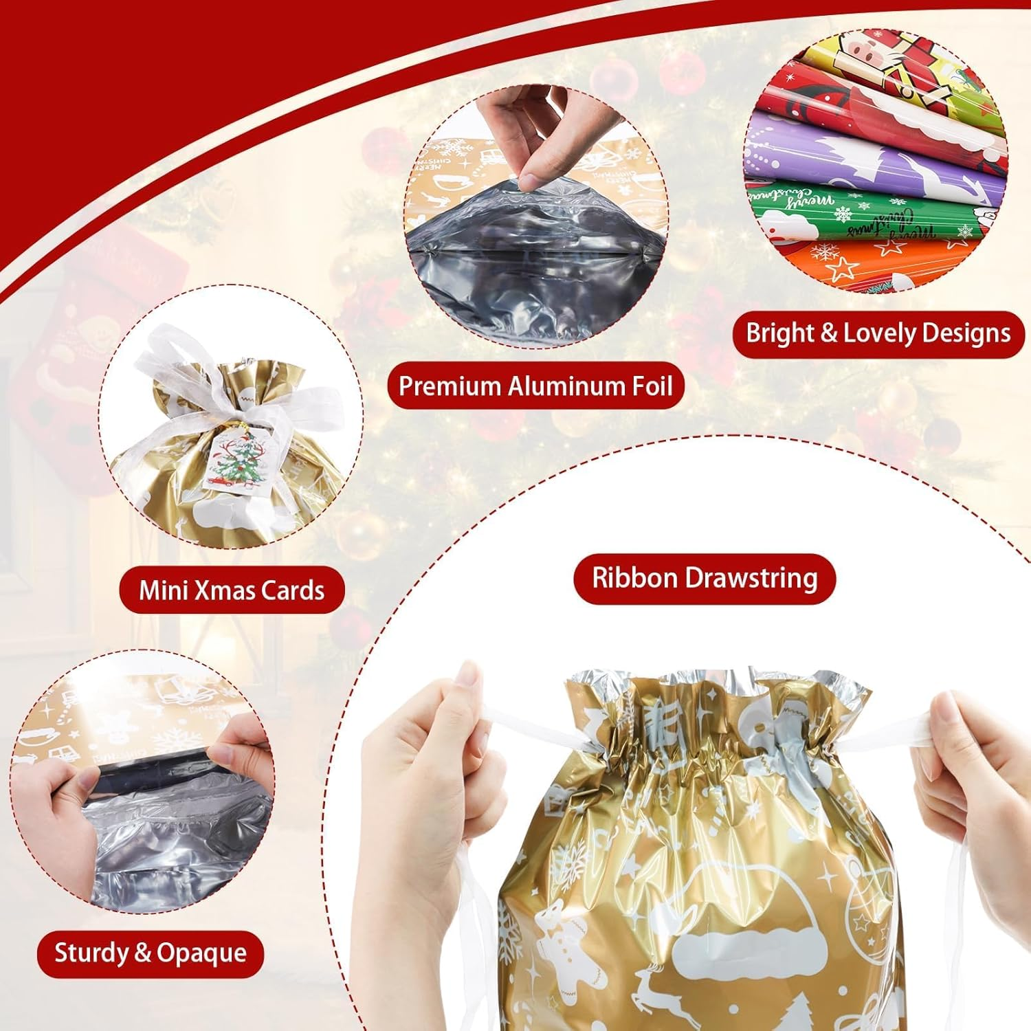 Christmas Drawstring Gift Bags 32Pcs, Xmas Treat Bags & Gift Tags Set, Assorted Sizes Large Medium Small, for Holiday Birthday Party Favors, Goody Bags, Gift Wrapping image number 5