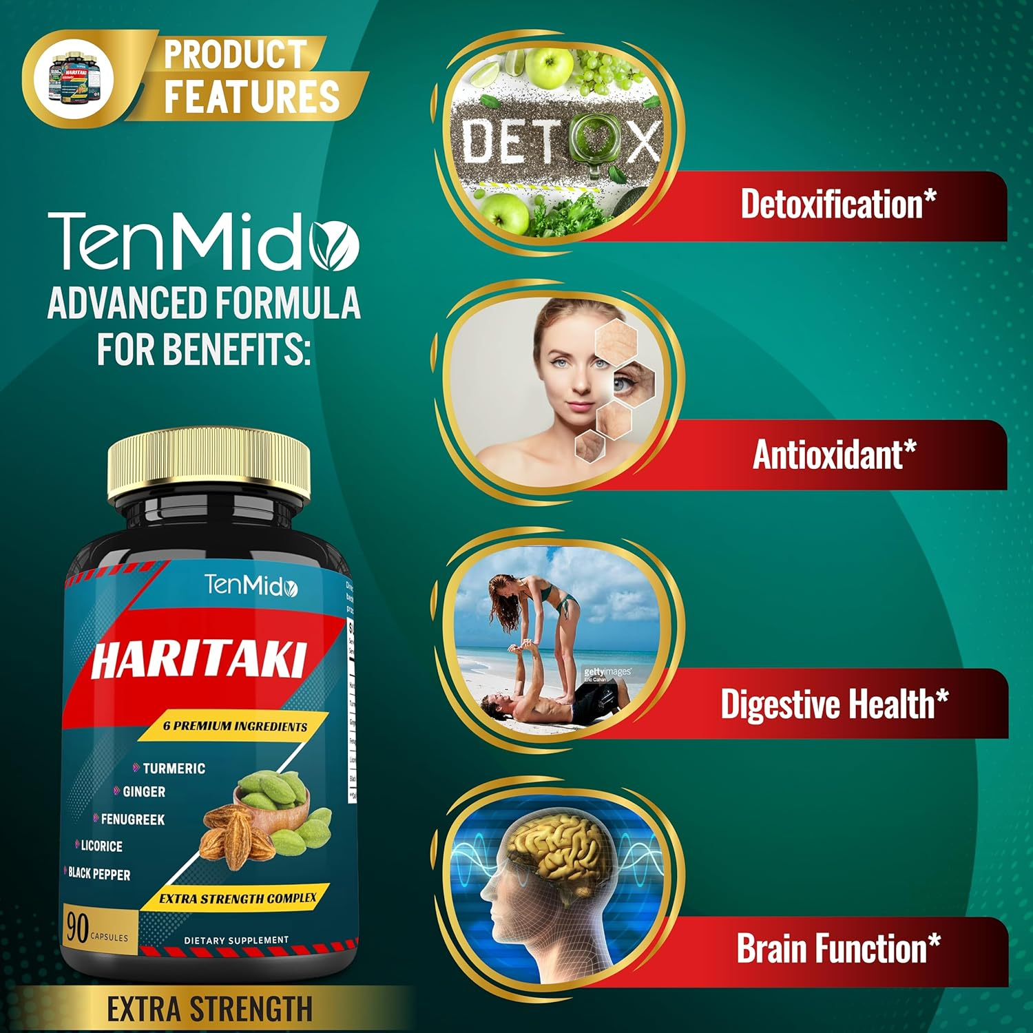 Haritaki Supplements Extract Capsules with Turmeric, Ginger, Fenugreek, Licorice, Black Pepper | Nourishes, Rejuvenates Body | 3 Months Supply, 90 Capsules image number 5