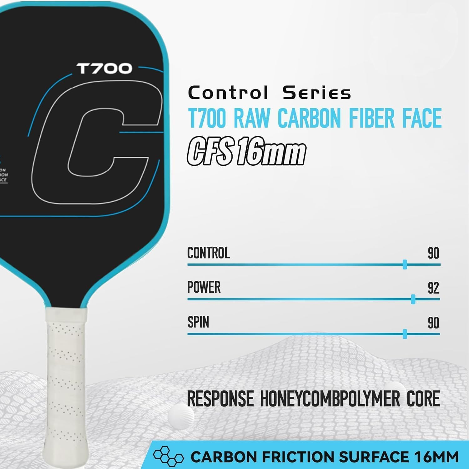 Pickleball Paddles, 16MM T700 Thermoformed Raw Carbon Fiber Pickleball Paddle, High Grit & Spin, Honeycomb Core, Elongated Handle, anti Slip Sweat Absorbing Grip, CNZON Pickleball Racket image number 3