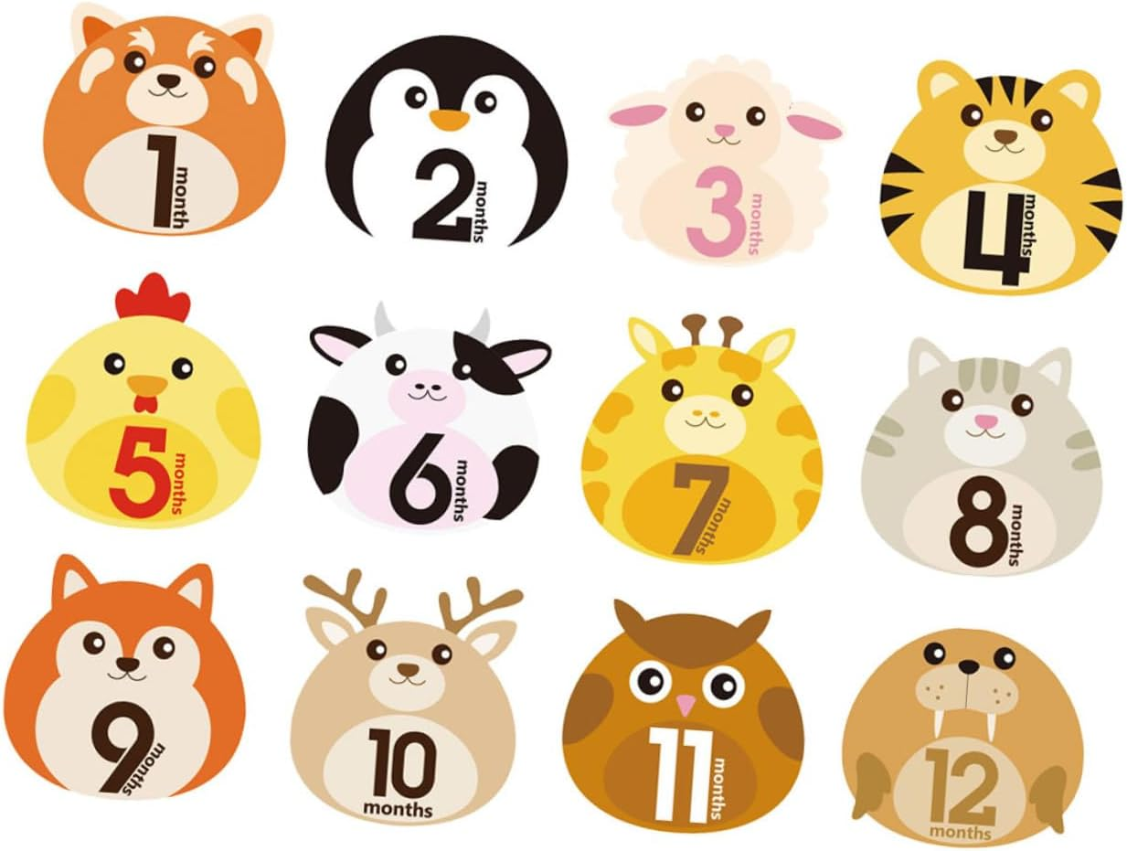 12 Sheets Milestone Stickers Animal Design Self-Adhesive Monthly Decals Reusable for Newborn Photo Albums and Growth Tracking image number 3