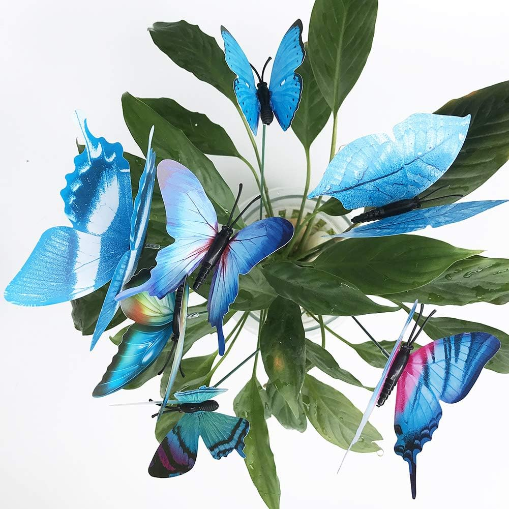 V-Time 24Pcs Garden Butterfly Decorations Outdoor Waterproof Butterfly Stakes Ornaments for Indoor/Outdoor Yard/Christmas Patio Plant Pot Flower Bed Home Decoration (Blue)