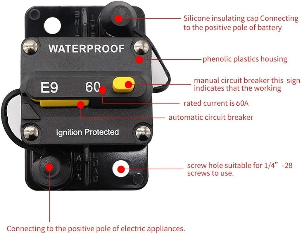 60Amp Circuit Breaker 30-300A with Manual Reset Trolling Motor Auto Car Marine Boat Bike Stereo Audio Terminal Inline Fuse Inverter for System Current Overload Protection 12V-48V DC Waterproof