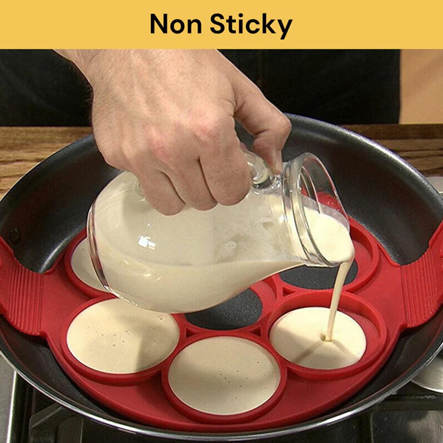 EZONEDEAL Pancake Mold Maker, Breakfast Mold Flip Cooker, Silicone 7 round Nonstick Egg Rings Set, Great for Cooking Fried Eggs, Hash Browns, Crumpets, Omelets on Griddle for Your Loved Ones-Red image number 1