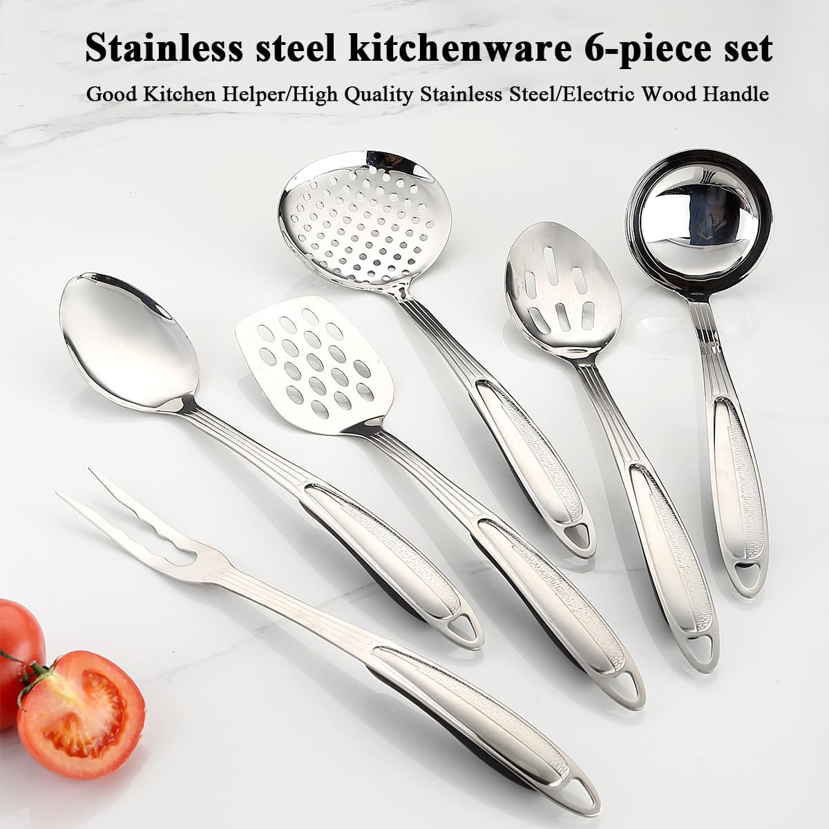 Berglander Stainless Steel Kitchen Utensils Set 6 Pcs, Cooking Utensil Sets, Kitchen Gadgets Essentials Include Metal Spatula Set, Skimmer, Ladle, Serving Spoon, Slotted Spoon, Carving Fork image number 5