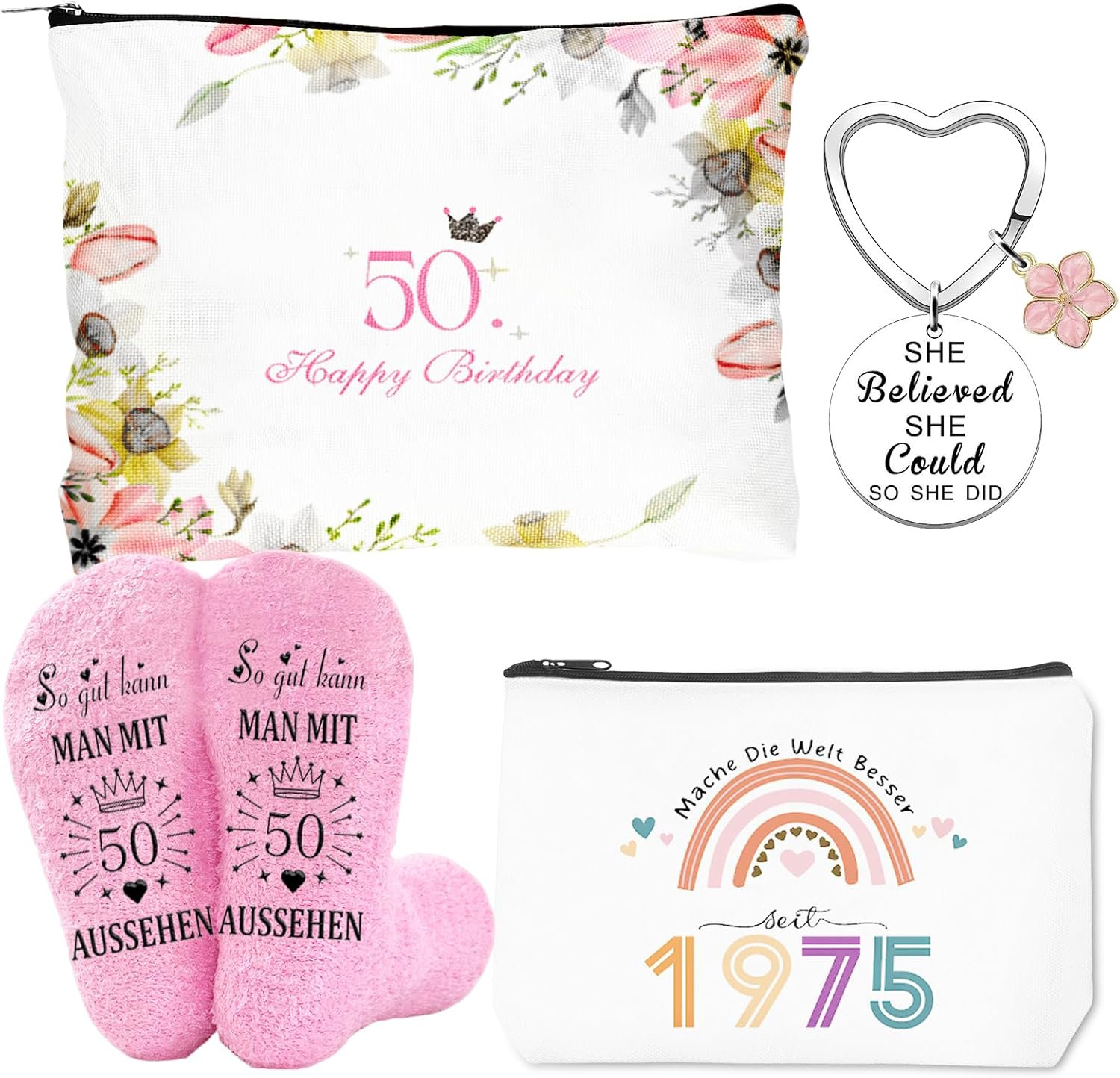 50Th Birthday Gift Set for Women, Cosmetic Bag with Keyring and Cuddly Socks, Birthday Gift Set 1975 image number 4