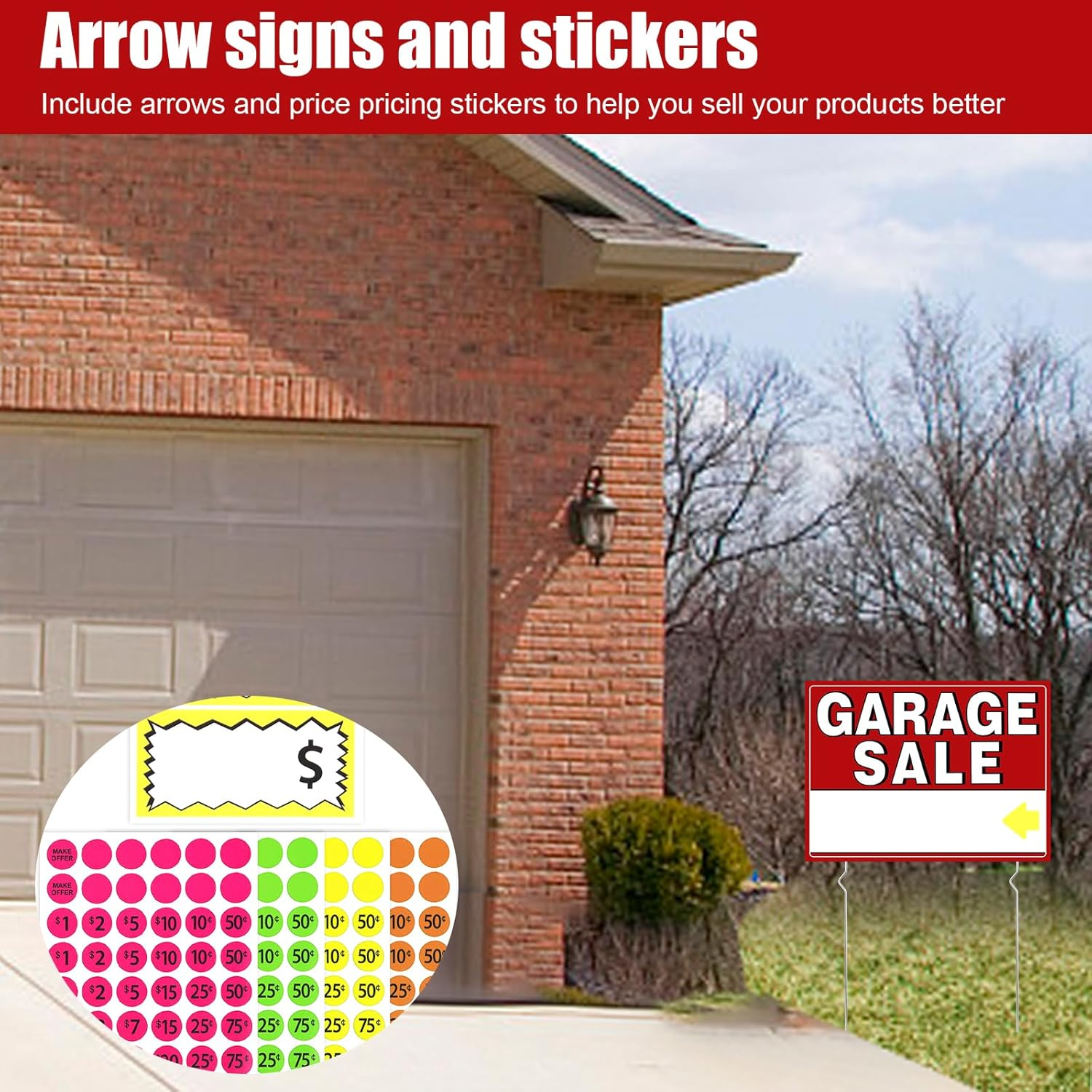 4Pcs Garage Sale Sign, Garage Sale Signs Set with Stakes 16X12 Inch Double Sided Yard Sale Signs with Arrow Price Stickers Waterproof Garage Sale Sign for Sales Event image number 3