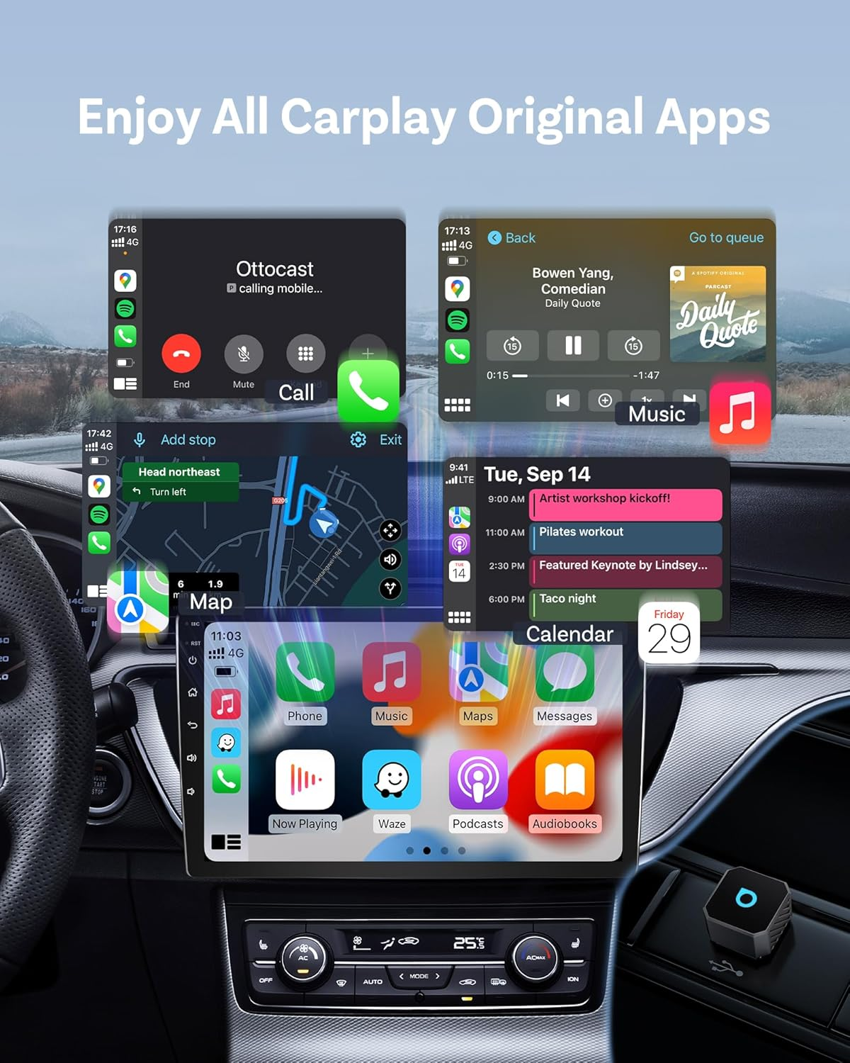 OTTOCAST Mini Pot 2025 2-In-1 Wireless Carplay/Android Auto Adapter, 5Ghz Wifi, Auto Connect for 2016+ Cars image number 1