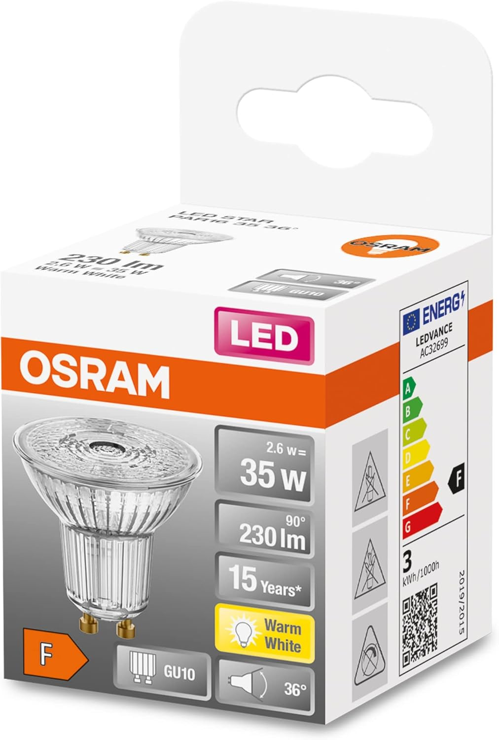 OSRAM Lamps LED Star PAR16, GU10 Socket, Not Dimmable, Warm White, Replaces a Conventional 35 Watt Bulb, 36 Degree Beam Angle, Pack of 6 image number 6