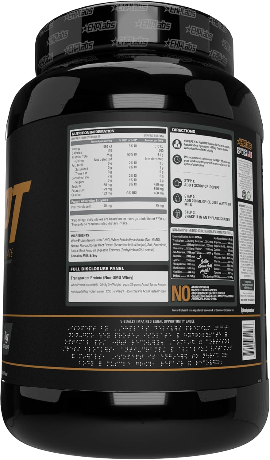 EHP Labs ISOPEPT Hydrolyzed Whey Protein Powder - 100% Whey Protein Isolate & Hydrolysate, 25G of Protein, Non-Gmo, Gluten Free, Fast Absorbing, Easy Digesting, 25 Serves (Strawberry Milkshake) image number 5