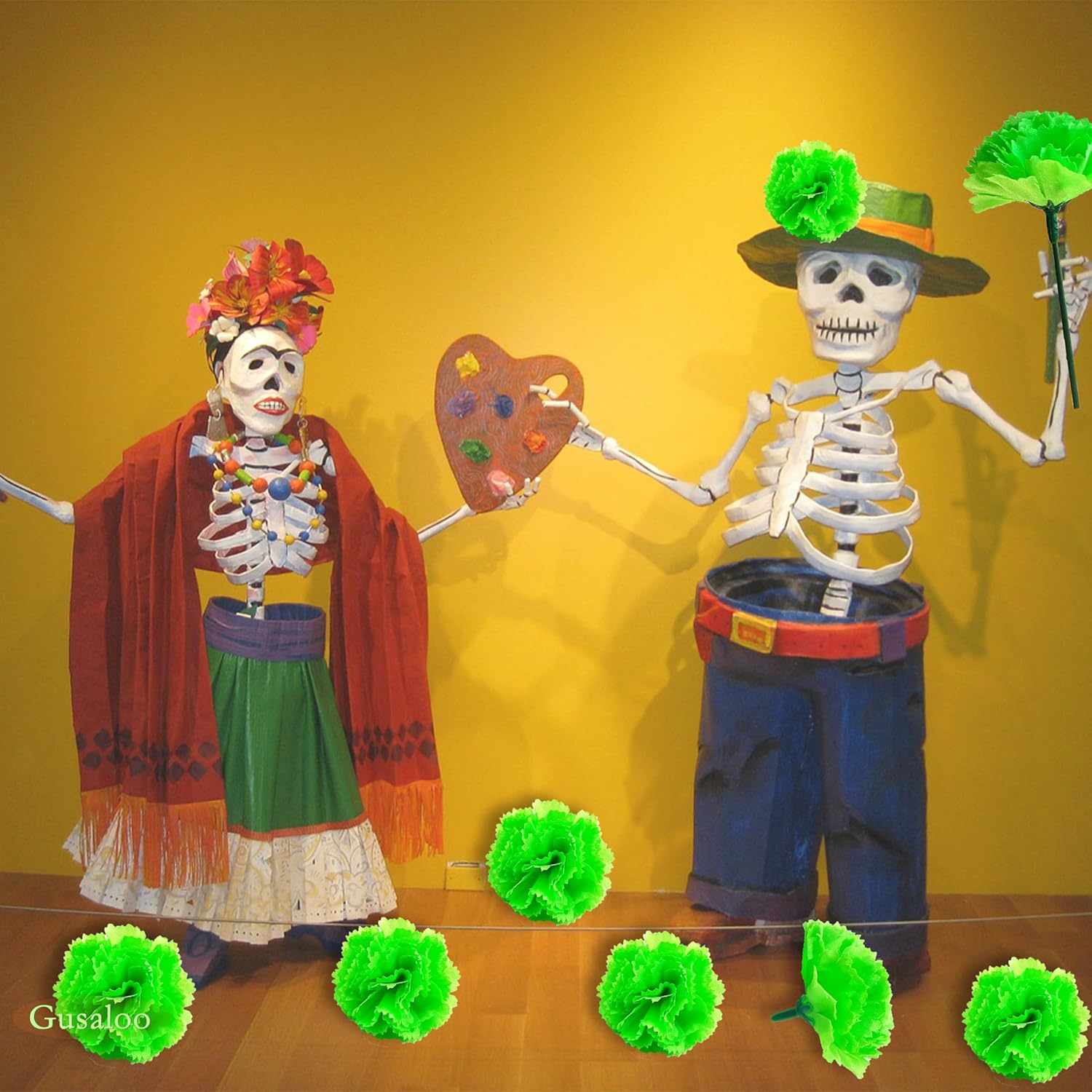 Marigold Flower Heads Bulk 50Pcs, Faux Mexican Marigold Artificial Flowers for Diwali Home Decor DIY Wreath Garland Craft Wedding Mexican Party Day of the Dead Decoration Halloween Decor(Green) image number 6