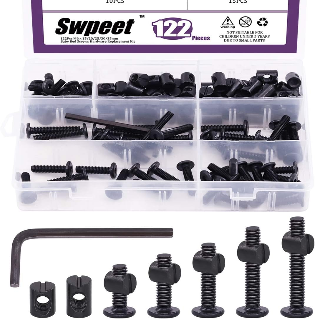 Swpeet 120Pcs Crib Hardware Screws, Black M6 &times; 15/20/25/30/35Mm Hex Socket Head Cap Crib Baby Bed Bolt and Barrel Nuts with 1 X Allen Wrench Perfect for Furniture, Cots, Crib Screws image number 2