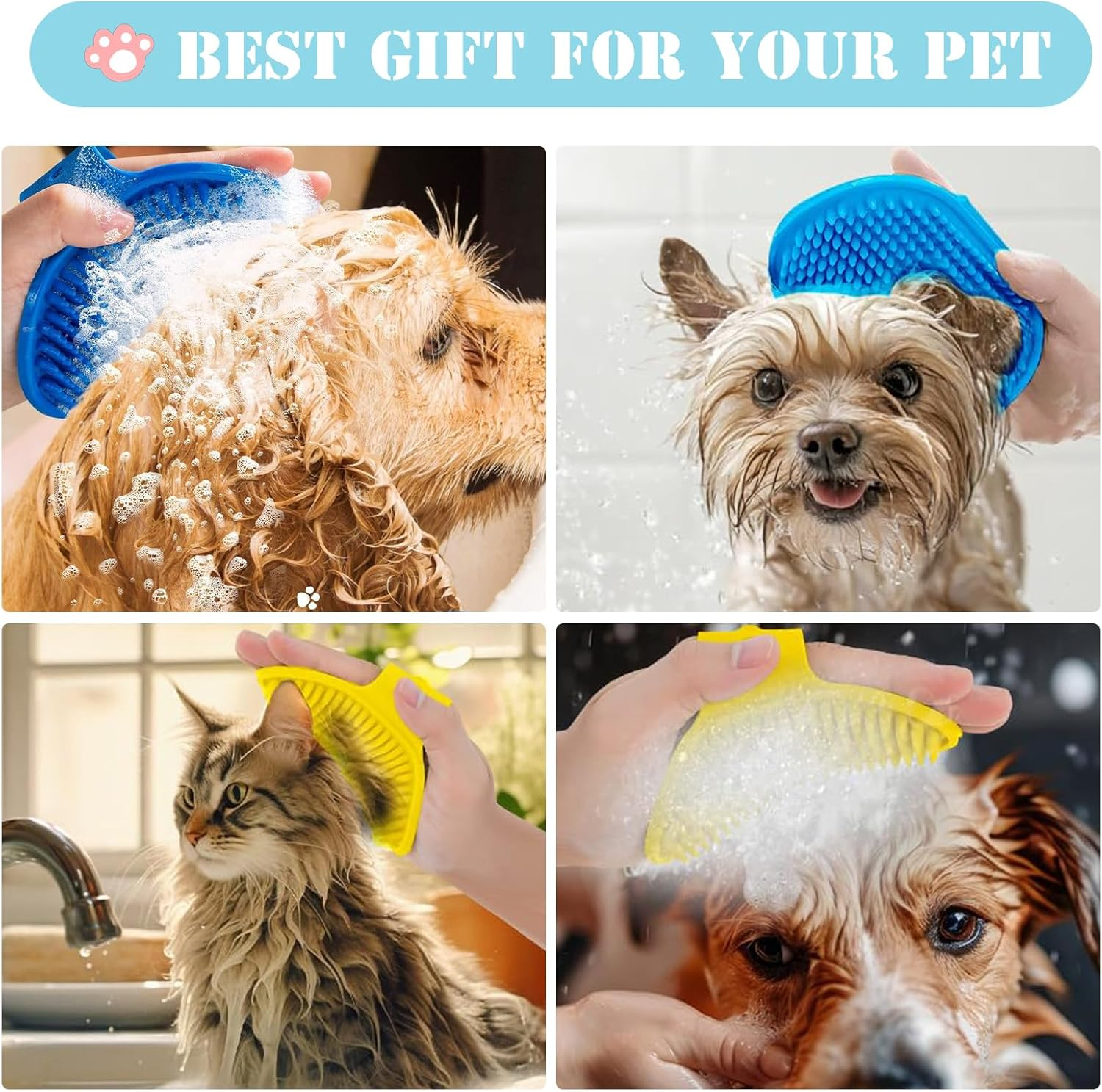 3Pcs Dog Bath Brush, Dog Scrubber for Bath, Shampoo Brush Bubble Maker, Dog Paw Washer, Grooming Massage Brush with Adjustable Ring Handle, Dog Accessories for Short & Long Hair -Blue image number 6