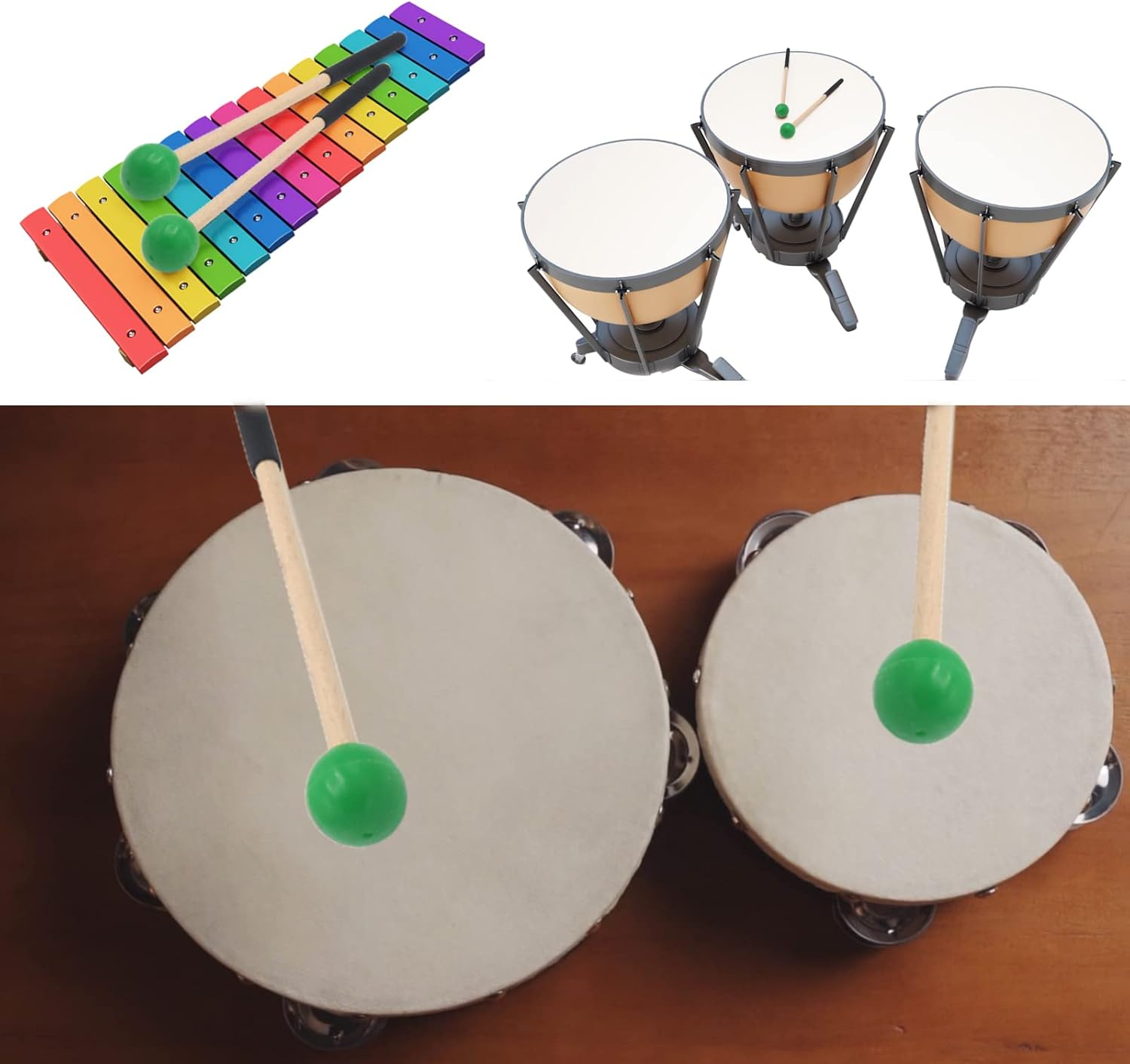 8 Inch Wood Percussion Mallets, 1 Pair Green Drum Sticks with Rubber Head and Handle for Xylophone Glockenspiel Marimba Woodblock Tongue Drum