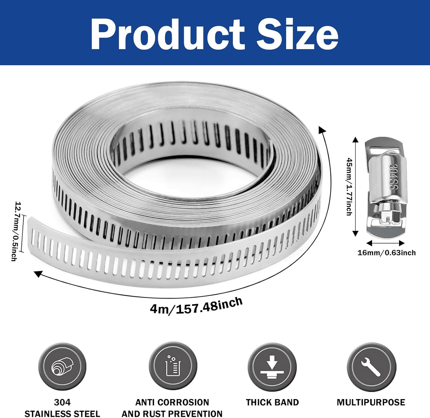 Hose Clamp Set, 4M Heavy Duty Metal Strapping with Holes & 8 Fasteners, Large Adjustable Worm Gear Hose Clamps Stainless Steel Pipe Clamps, Band Clamp for Automotive, Mechanical Applications (1+8)