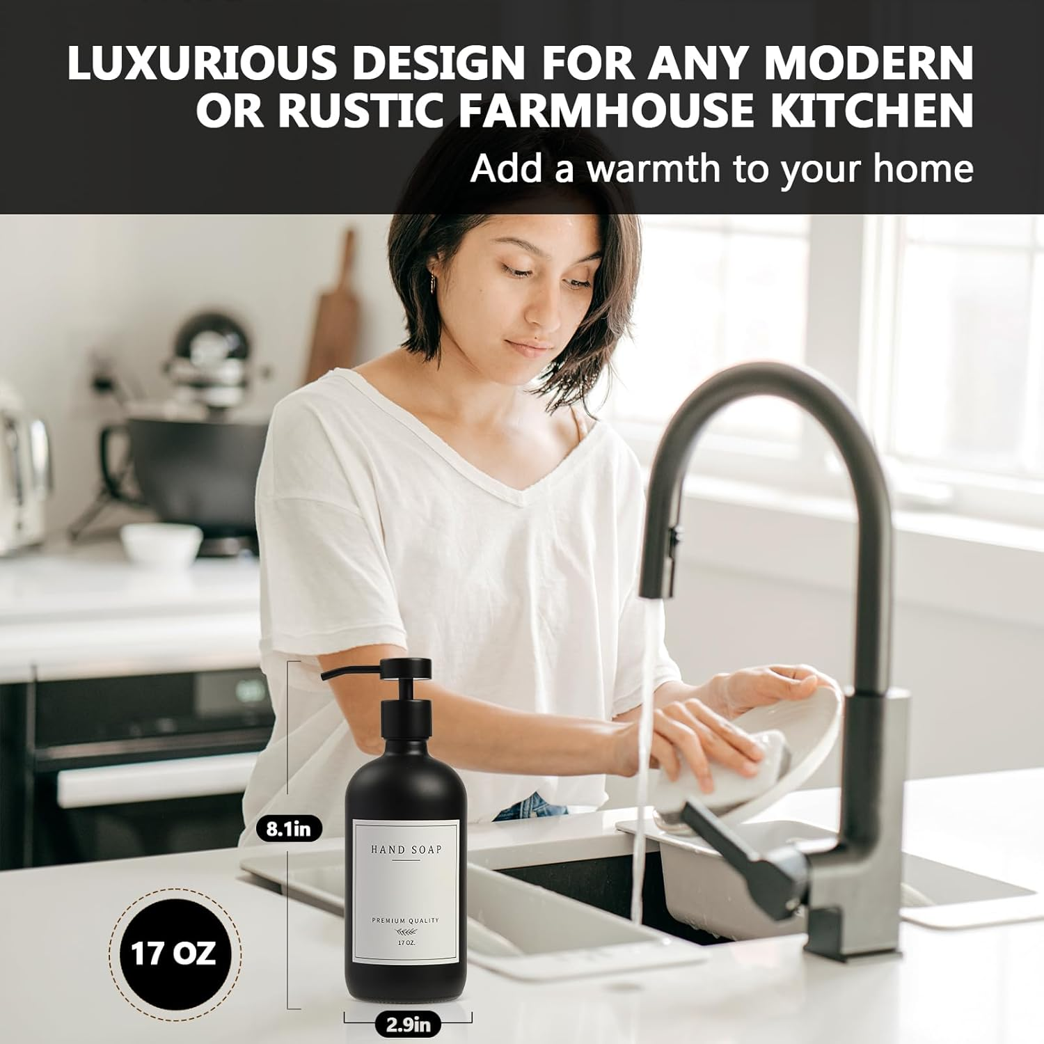 Black Soap Dispenser - Kitchen Hand Dish Soap Dispenser, Glass Bathroom Soap Lotion Dispenser with Tray, Dishwashing Liquid Dispenser, 14 Stickers, Black Bottle/Black Pump-Pd - Black Bottle/Black Pump image number 4