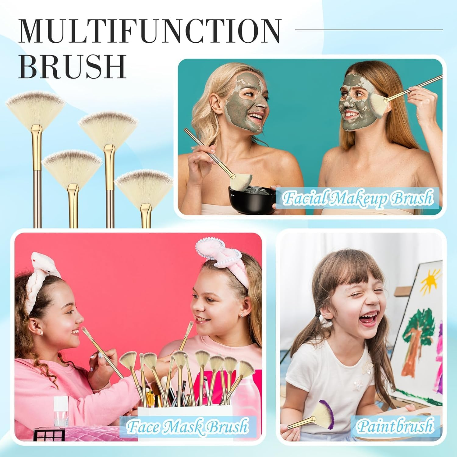 12 Pcs Soft Facial Fan Brush Blush Makeup Brush Face Mask Acid Applicator Multi Use Cosmetic Tools for Peel Mask Makeup for Mud Cream(Champagne) image number 4