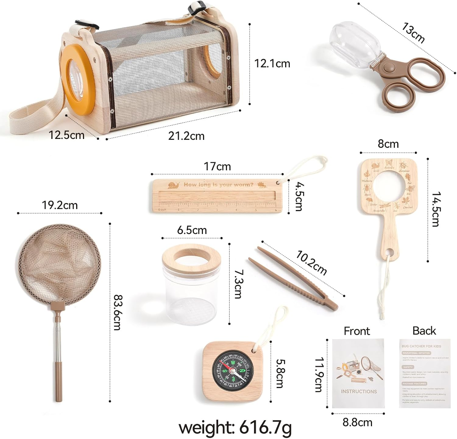 Ikubigu Bug Catcher Kit for Kids, 8-In-1 Wooden Insect Exploration Set with Butterfly Net, Magnifying Glass, Bug Habitat, Tweezers, Compass, outside Toys for Toddlers