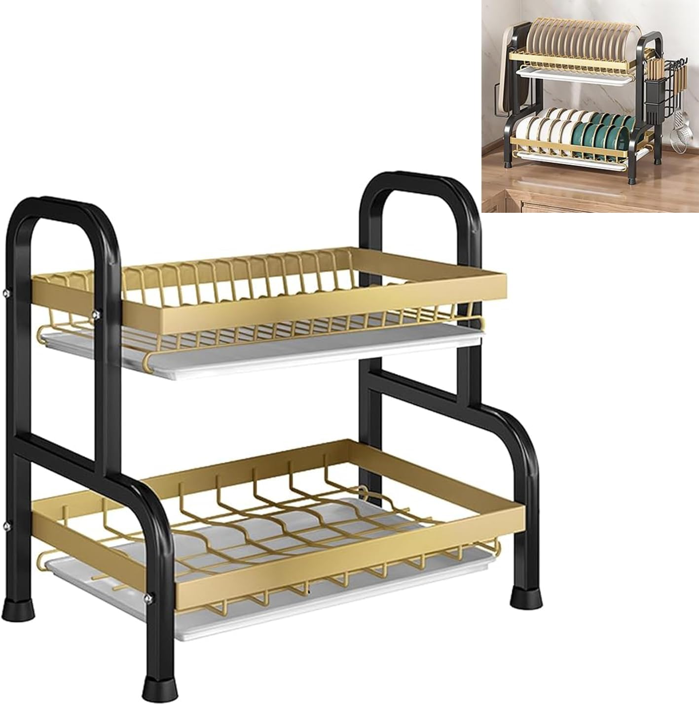 WADY 2 Tier Large Dish Drying Rack, Strong Carbon Steel Dish Drainer, Kitchen Countertop with Draining Board for Kitchen Storage & Organisation, Storage Shelf Bowl Shelves with Water Drip Trays image number 4