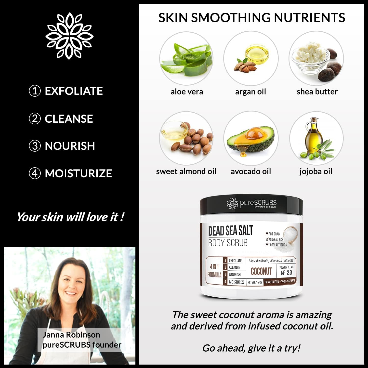 Purescrubs Premium Coconut Body Scrub Set - Large 16Oz Dead Sea Salt Body Scrub with Infused Essential Oils & Nutrients, Includes Wooden Spoon, Loofah & Oatmeal Exfoliating Bar Soap image number 2