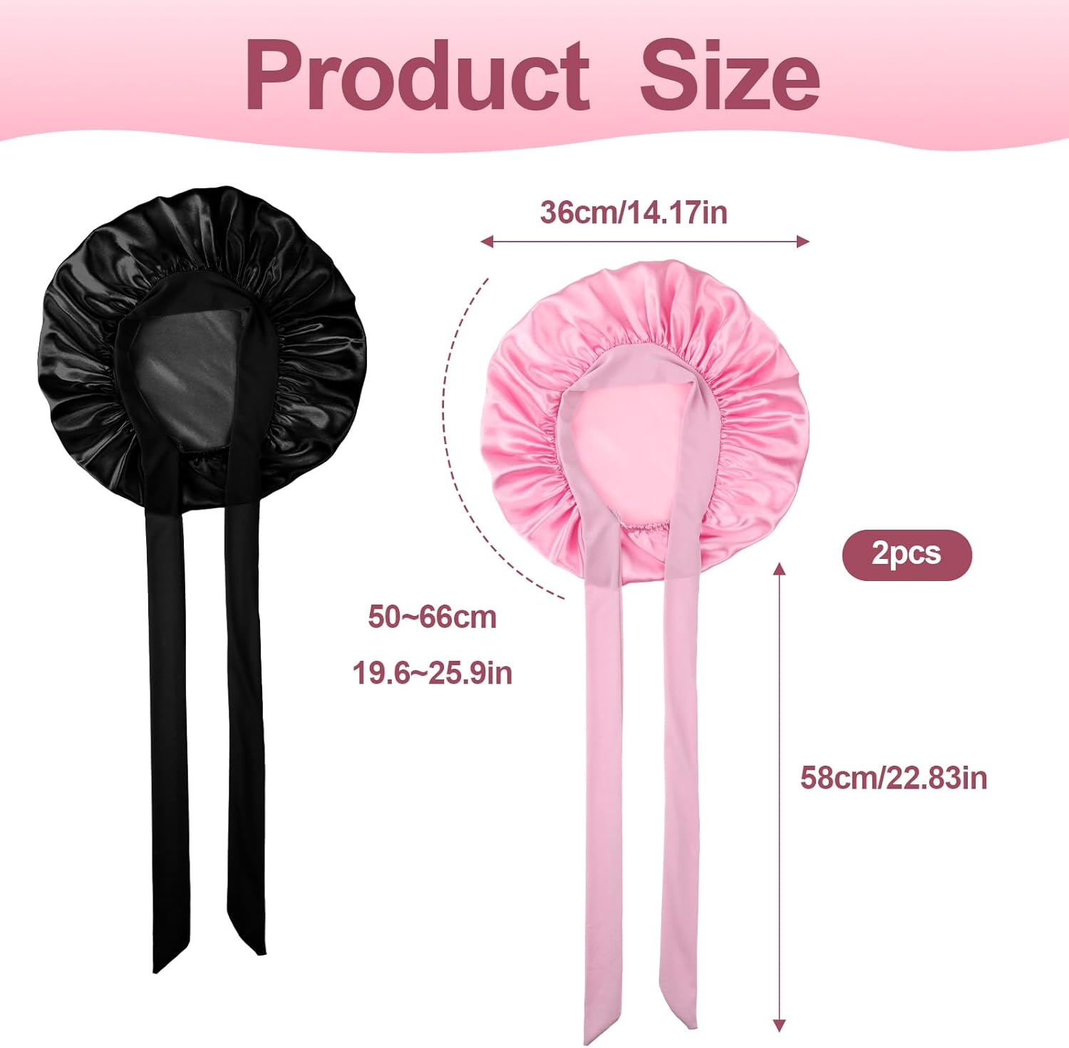 LIQWEI Pack of 2 Satin Hair Caps, Sleep Cap, Satin Adjustable Night Sleep Hat, Hair Cap for the Night, Soft Head Cap, Sleep Cap with Elastic Band for Women and Girls (Black Pink) image number 5