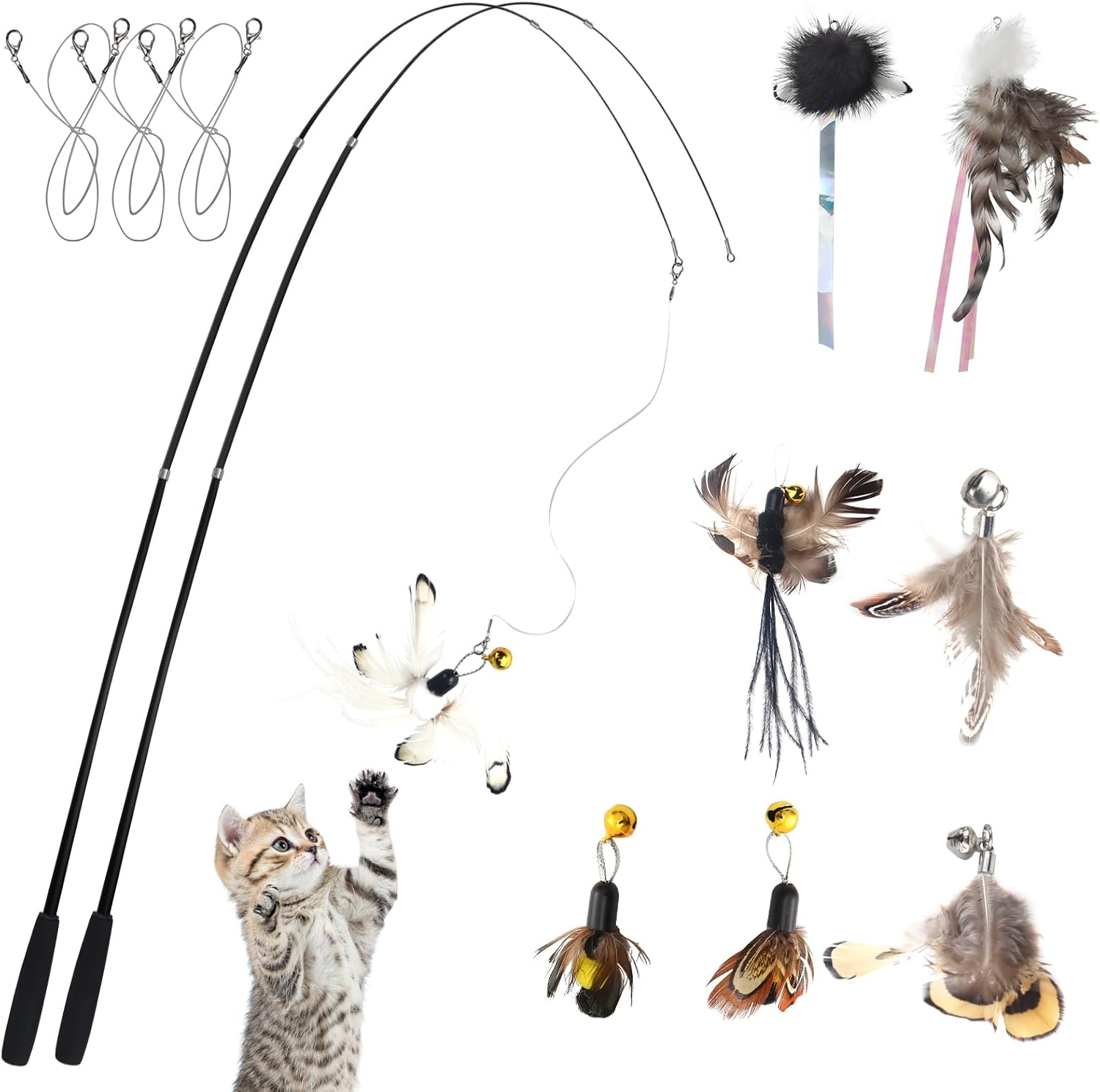 LELE LIFE 1.78M Cat Toys for Full Fun, Interactive Cat Toy for Indoor Cats, 2 Retractable Poles and 8 Cat Feather Toys, Bell Teaser Refills image number 2