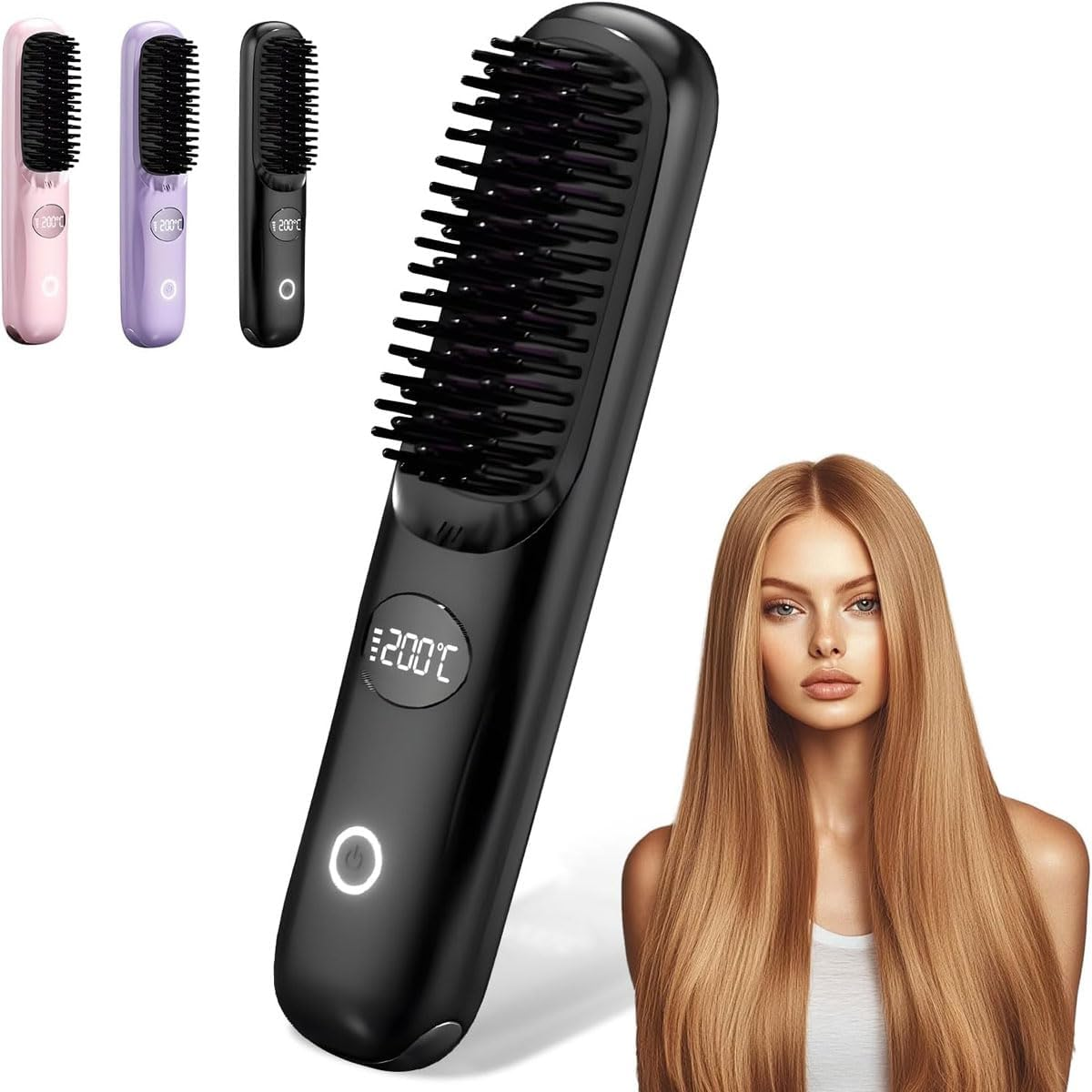 Hair Straightener Brush Cordless, Mini Hair Straightening Brush with USB Rechargeable, LED Display, Fast Heating, Portable Heating Brush for Travel, Mini Hot Ionic Straightener Comb for Women, Pink