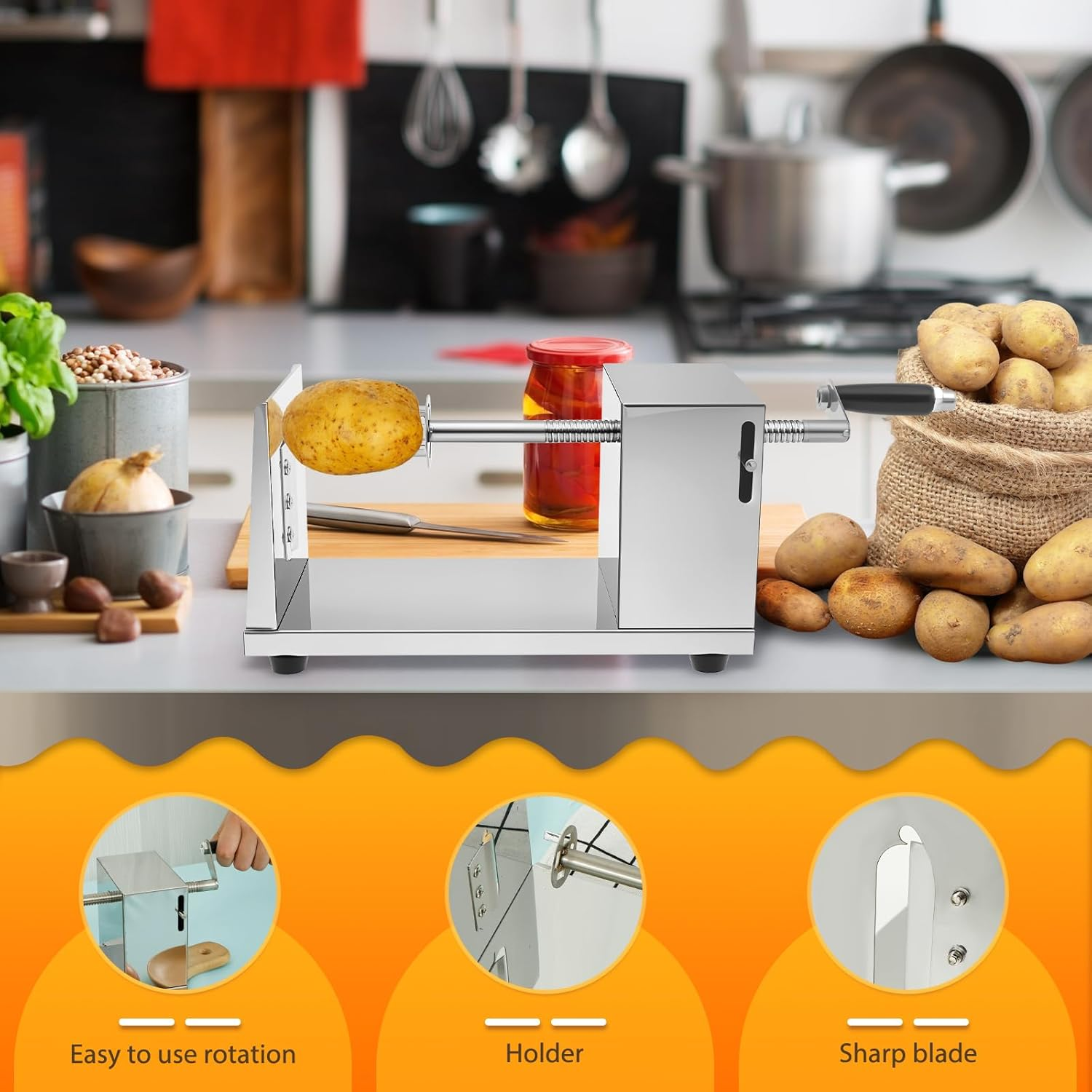 Twisted Potato Slicer Manual Spiral Potato Cutter Stainless Steel Tornado Potatoes Spiral Cutter Manual Spiral French Fries Cucumbers Carrots DIY BBQ Slicer (Silver) image number 2