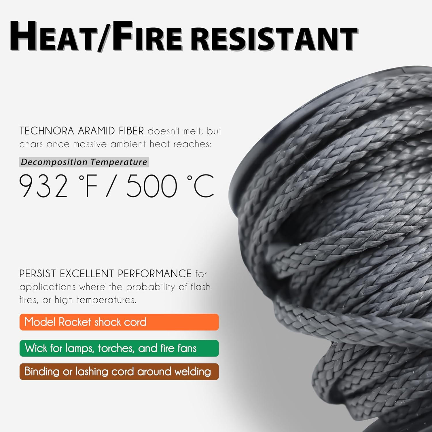 Emma Kites Black 1Mm Technora Braided Cord PU Coated Abrasion & Flame Resistant, 200Lb 120Ft image number 2