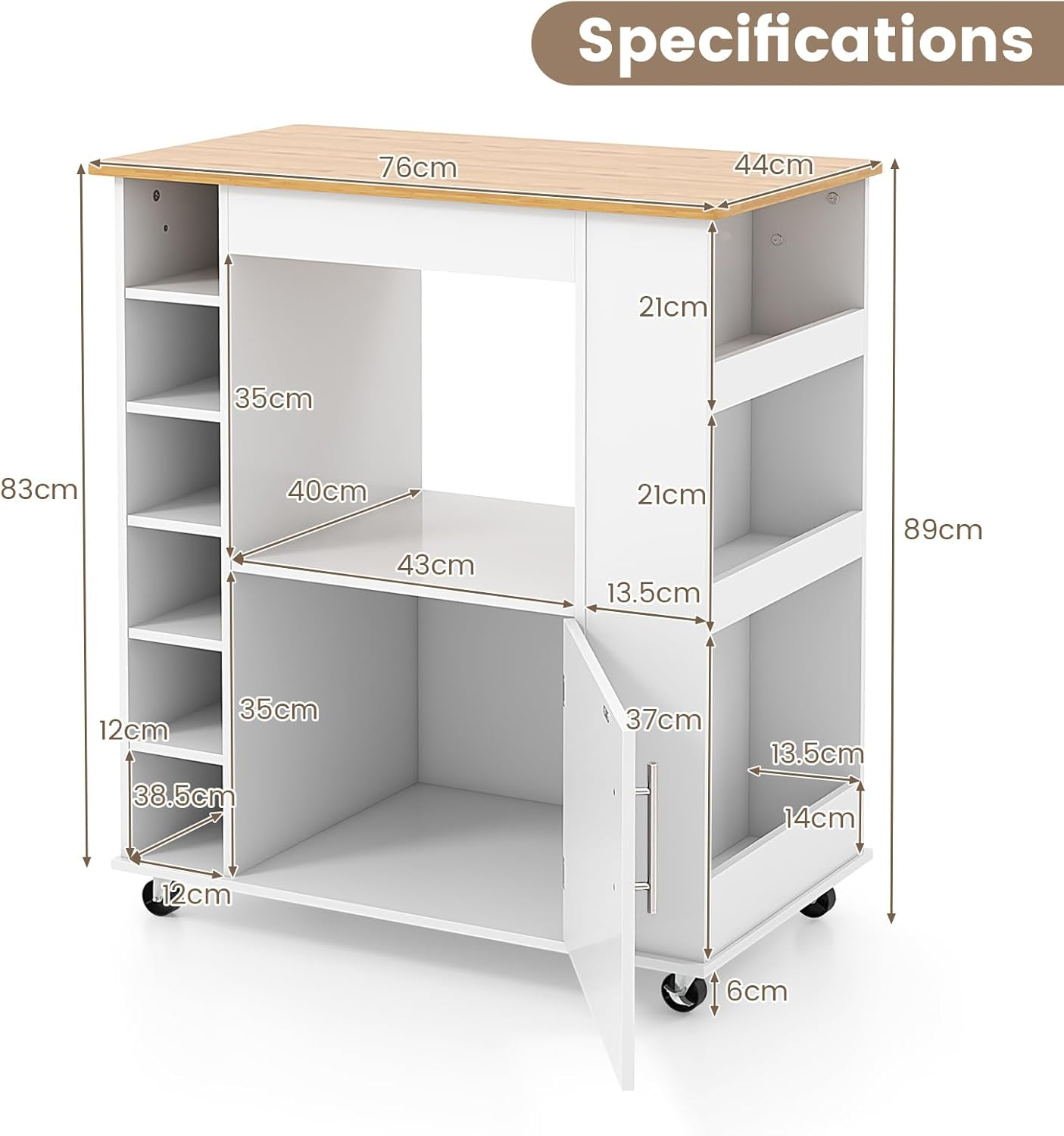 Giantex Kitchen Island with Storage, Rolling Kitchen Cart with Towel Rack, Storage Cart on Wheels W/Bamboo Top, 6-Bottle Wine Rack, Spice Rack for Dining Room, White image number 4