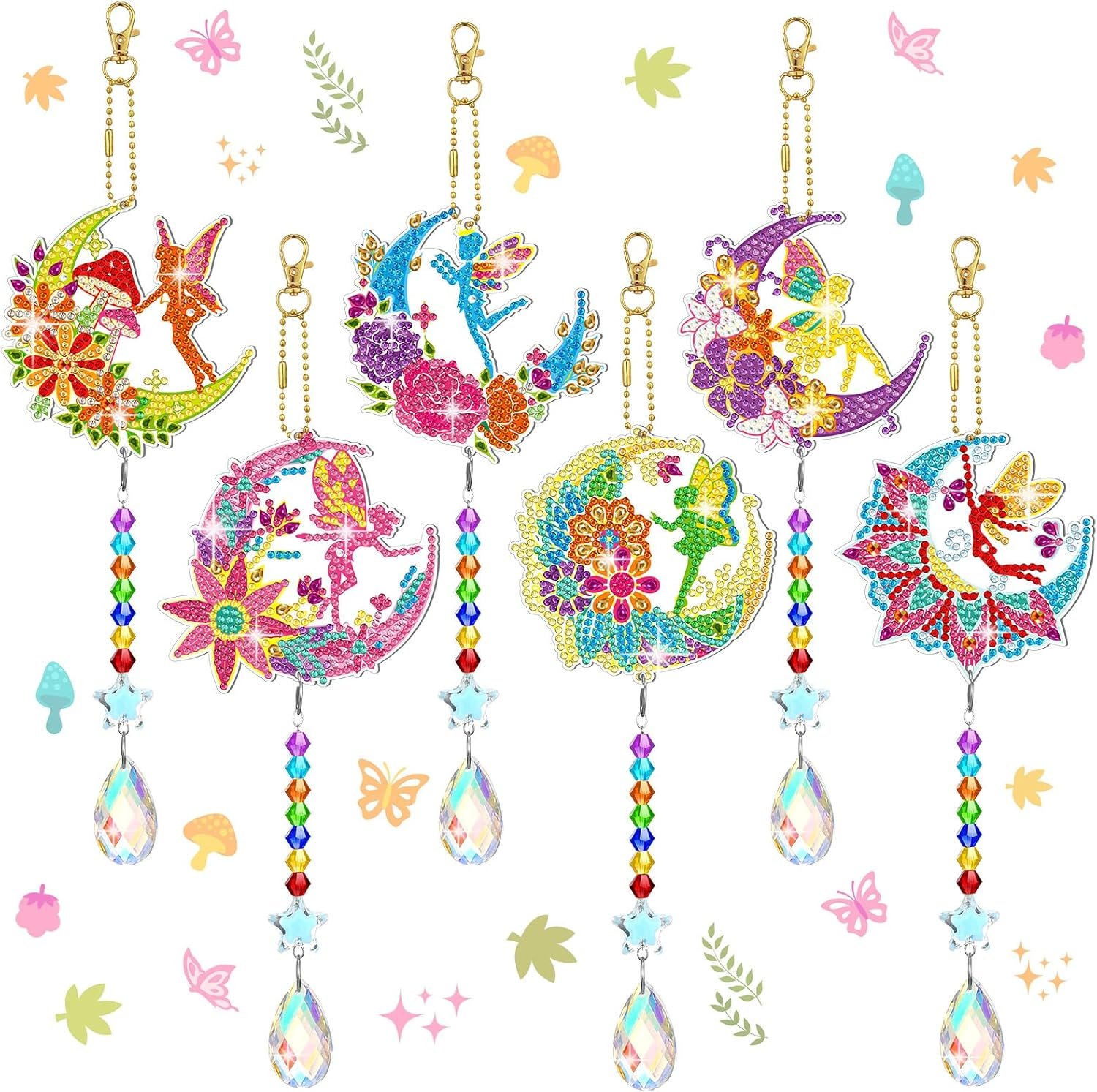 Tradder 6 Pcs Diamond Painting Wind Chimes Spring Diamond Painting Kit Double Sided Elf Ornaments with Crystal Pendant 5D Diamond Art for Spring Home Garden Hanging Ornament