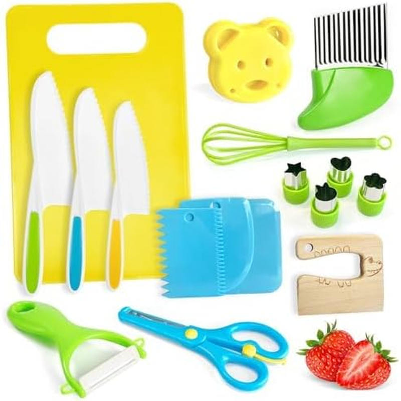 Montessori Kitchen Tools for Toddlers Kids Cooking Sets Safe Knife Set for Real Cooking Include Toddler Knives Cutting Boards Sandwich Cutters Peeler for Birthday (15 Pcs)