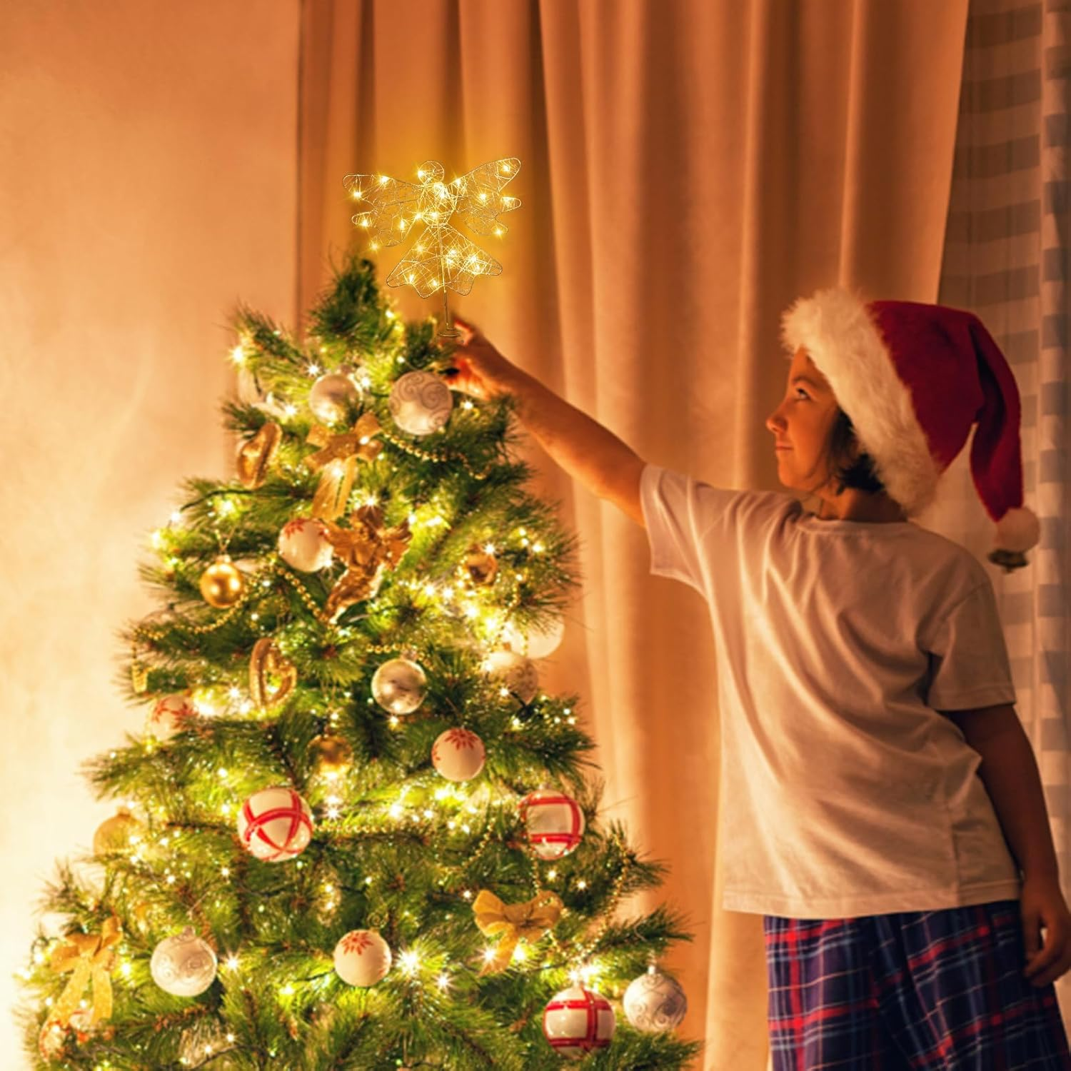 Augshy Gold Christmas Tree Topper Star with 20 Warm White LED Lights and Pearl Beads, Remote Control Star Tree Topper for Christmas Tree Decorations and Xmas Holiday D&eacute;cor (Gold Pearl Angel 20 LED) image number 4