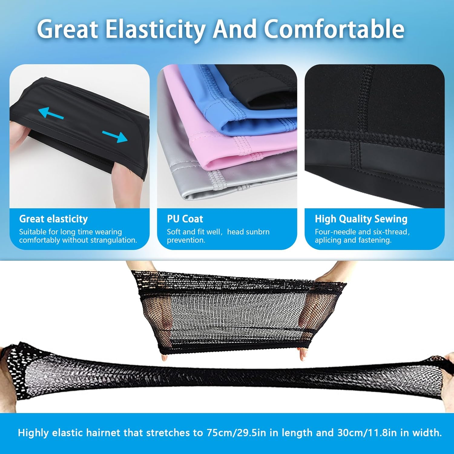 Women PU Coat Waterproof Fabric Hairnet Swim Cap Long Lair Swim Hat Elasticity Swimming Cap Long Hair - Black image number 4