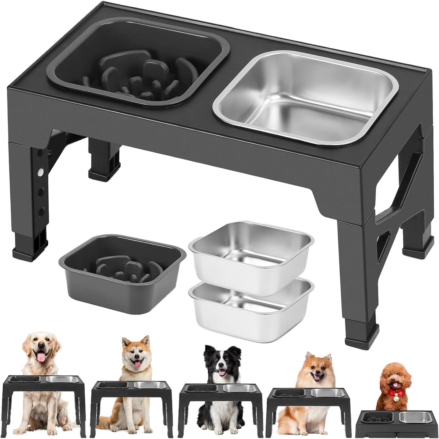 NOAEOU Adjustable Height Elevated Dog Feeding Station, 3-In-1 Set with 2 Stainless Steel Bowls & Slow Feeder Bowl - Ideal for Medium to Large Dogs | Promotes Healthy Posture & Joint Relief image number 3
