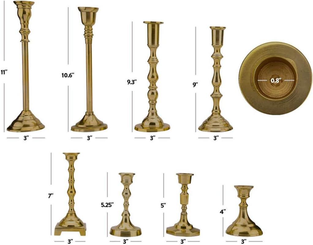 Koyal Wholesale Vintage Gold Mixed Taper Holders, Set of 10, Mismatched Candlesticks Set, Bohemian Decorative Candle Set