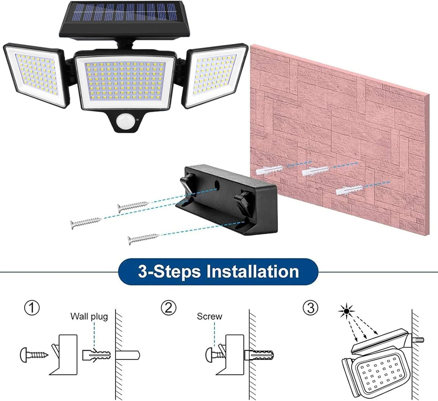 Harloon Solar Outdoor Lights 208LED 2500LM 3600Mah Security Lights, 3 Heads Motion Sensor Lights, IP65 Waterproof, 270&deg; Wide Angle Flood Wall Lights with 4 Modes image number 6