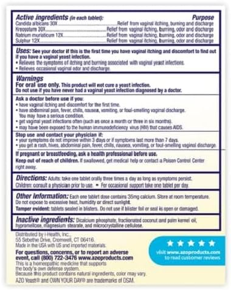 AZO Yeast plus Dual Relief Homeopathic Medicine | Yeast Infection Symptom Relief: Itching & Burning | Vaginal Symptom Relief: Occasional Odor & Discharge | #1 Most Trusted Brand | 60 Tablets image number 1