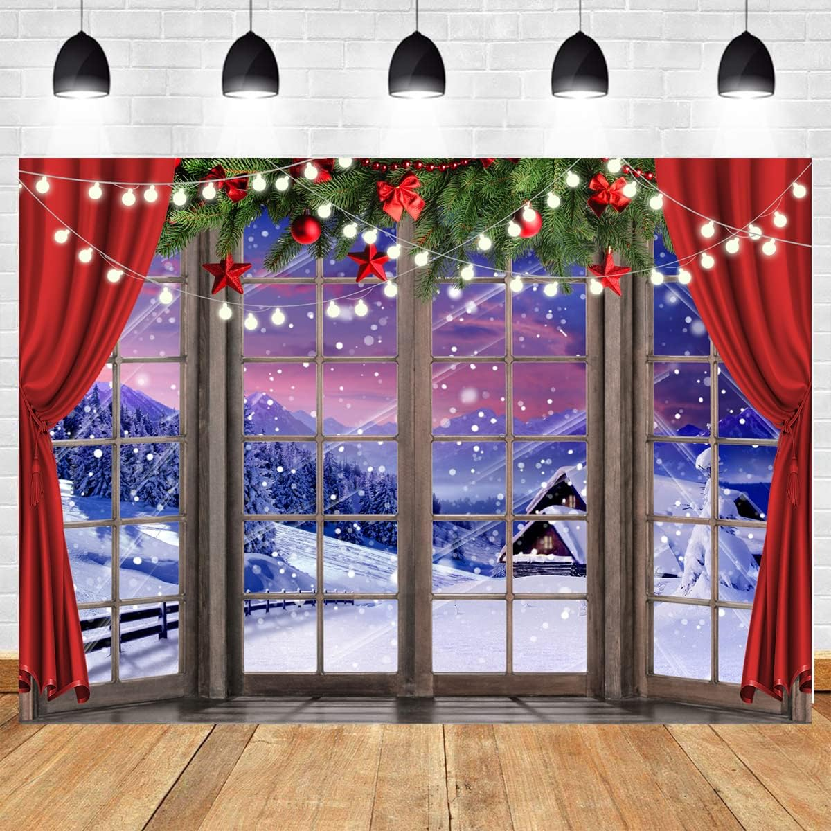 LYCGS 10X8FT Christmas Backdrop Xmas Window Photography Backdrop Winter Dream Wonderland Snow Tree Red Curtain Christma Photo Backdrop Studio Props Banner X-67 image number 4