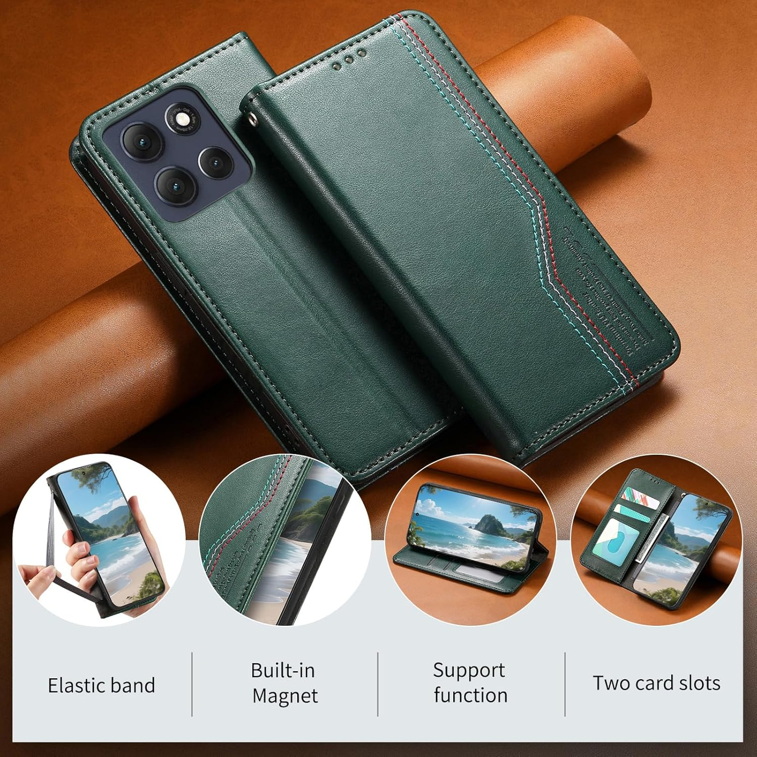 GOKEN Case for Motorola Moto G86 Power - Premium PU Leather Flip Mobile Phone Case with Card Slot & Stand Function, Shockproof Protective Case, Silicone Inside, Magnetic Closure, Green image number 3