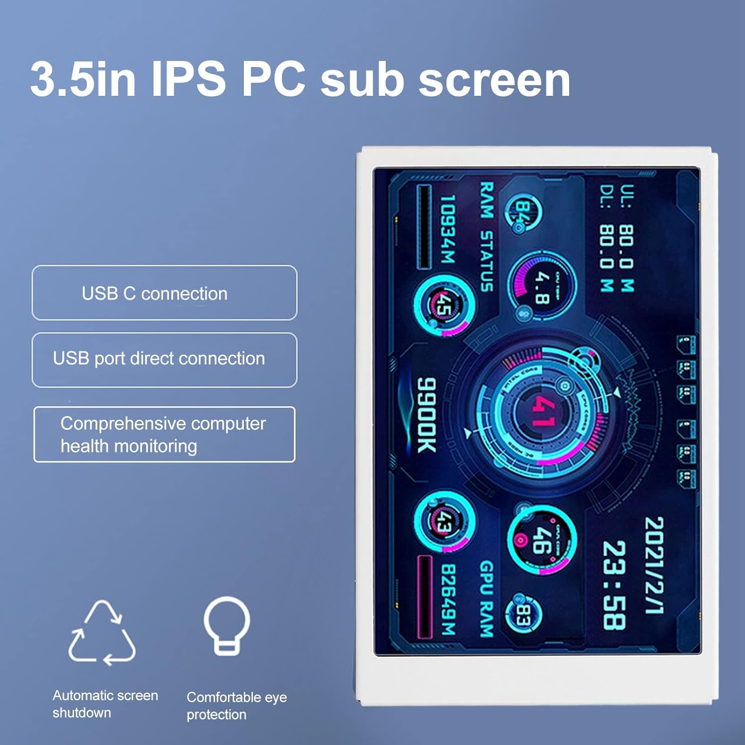 3.5 Inch IPS USB Mini Screen, Computer Temp Monitor, PC CPU HDD Data Monitor, PC Sensor Panel Display, Type C Sub Screen (White) image number 3