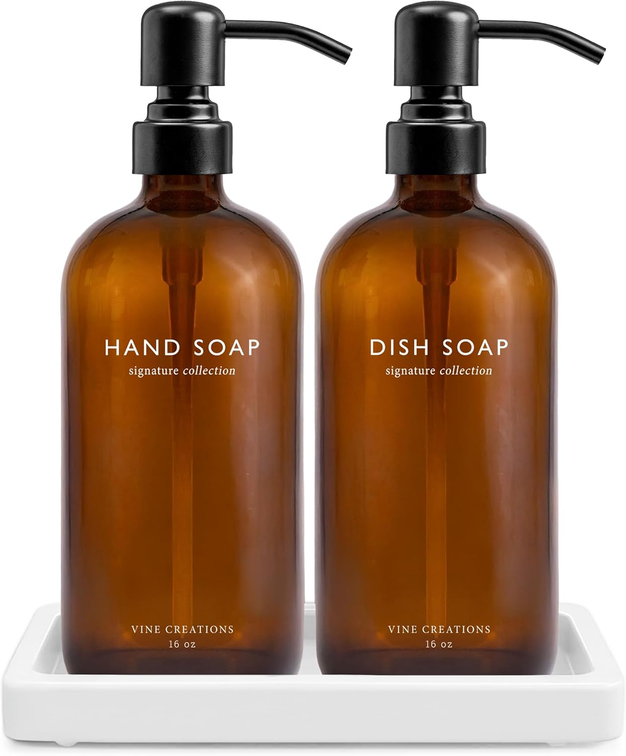 Vine Creations Glass Soap Dispenser Set, Kitchen Soap Dispenser Set with Ceramic Tray, 16 Oz Dish Soap and Hand Soap Dispenser Set with Stainless Steel Pump Decor (White Bottle/Brushed Brass)