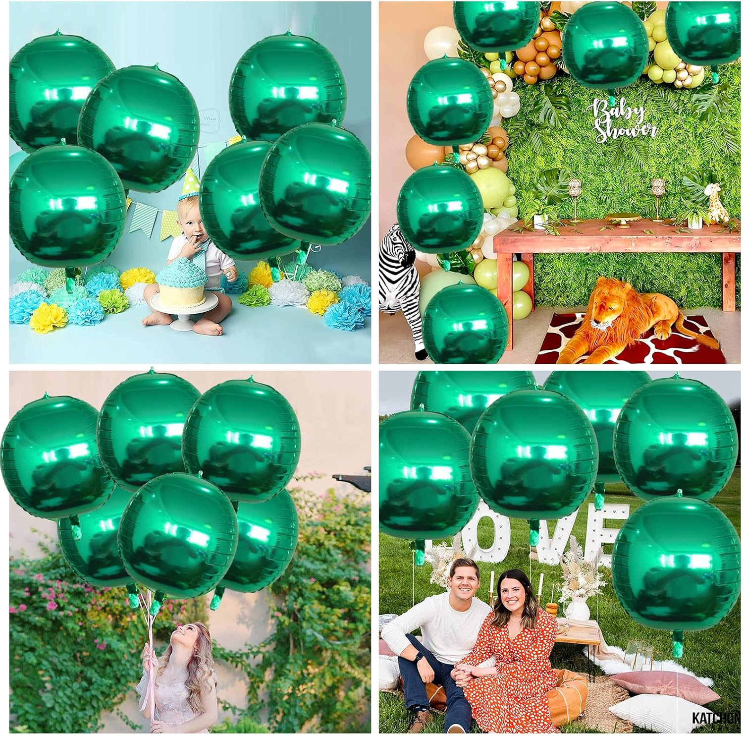 Metallic Green Balloons 22 Inch, 8Pcs Large 4D Green Mylar Foil Balloons, Dark Green 360 Degree 4D Sphere Ball Orb Balloons for Christmas Safari Jungle Theme Birthday Party Decoration Supplies image number 3