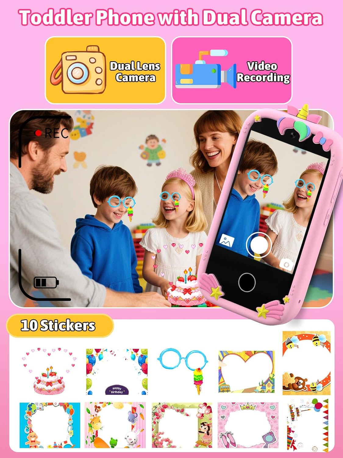 Mgaolo Kids Phone Smartphone Toy, 2.8" Touchscreen Smart Phone, Toddler Educational Learning Gift for Boys Girls Age 3-8, Games, Dual Cameras, Music Video Player, Christmas Birthday Present (Pink) - Green image number 5