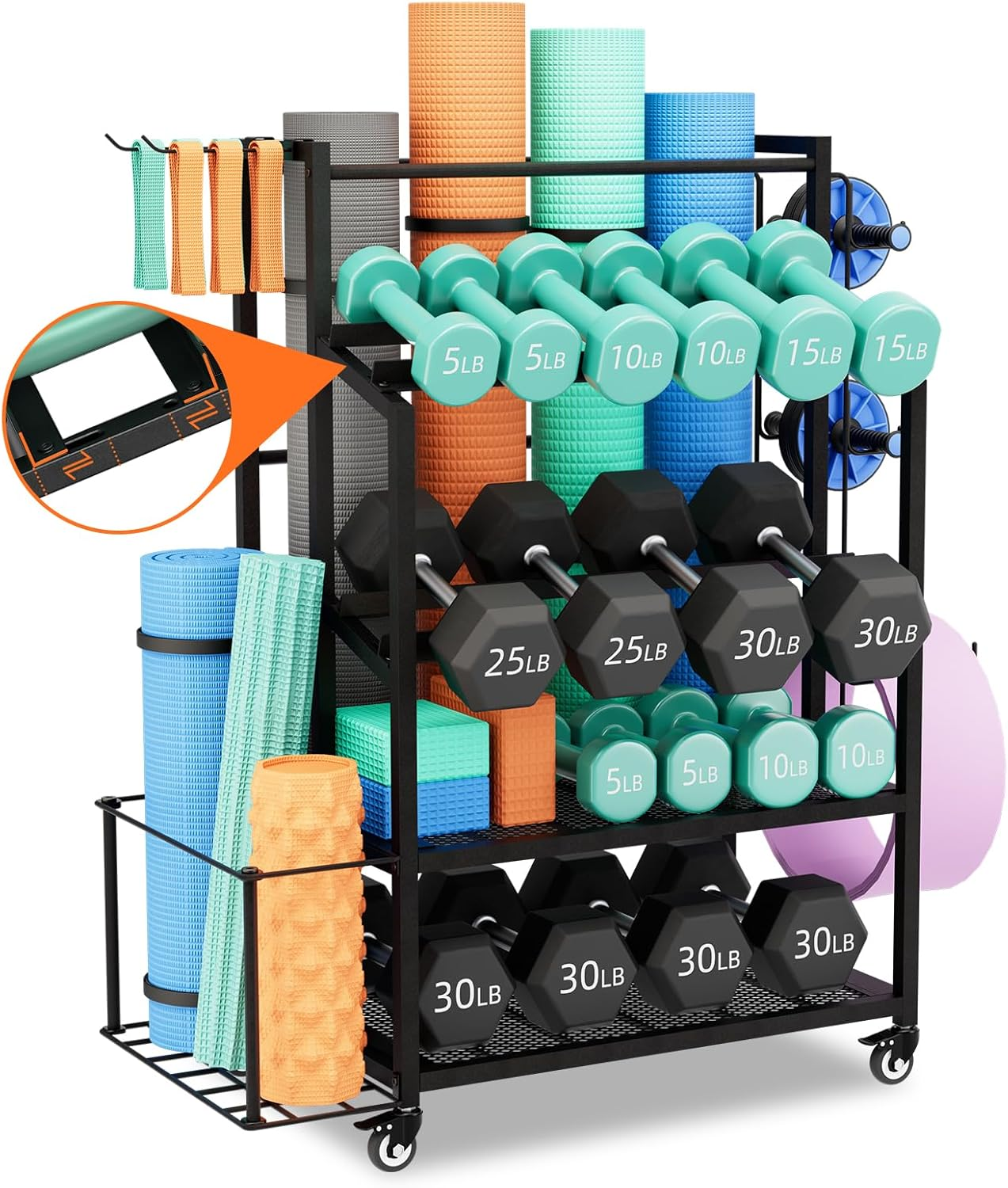 Dumbbell Rack Weight Stand - Bonvork Adjustable Weight Rack for Dumbbells, Home Gym Storage Rack for Yoga Mat Foam Roller Kettlebells, Workout Equipment Storage Organizer with Wheels - Newly Upgraded