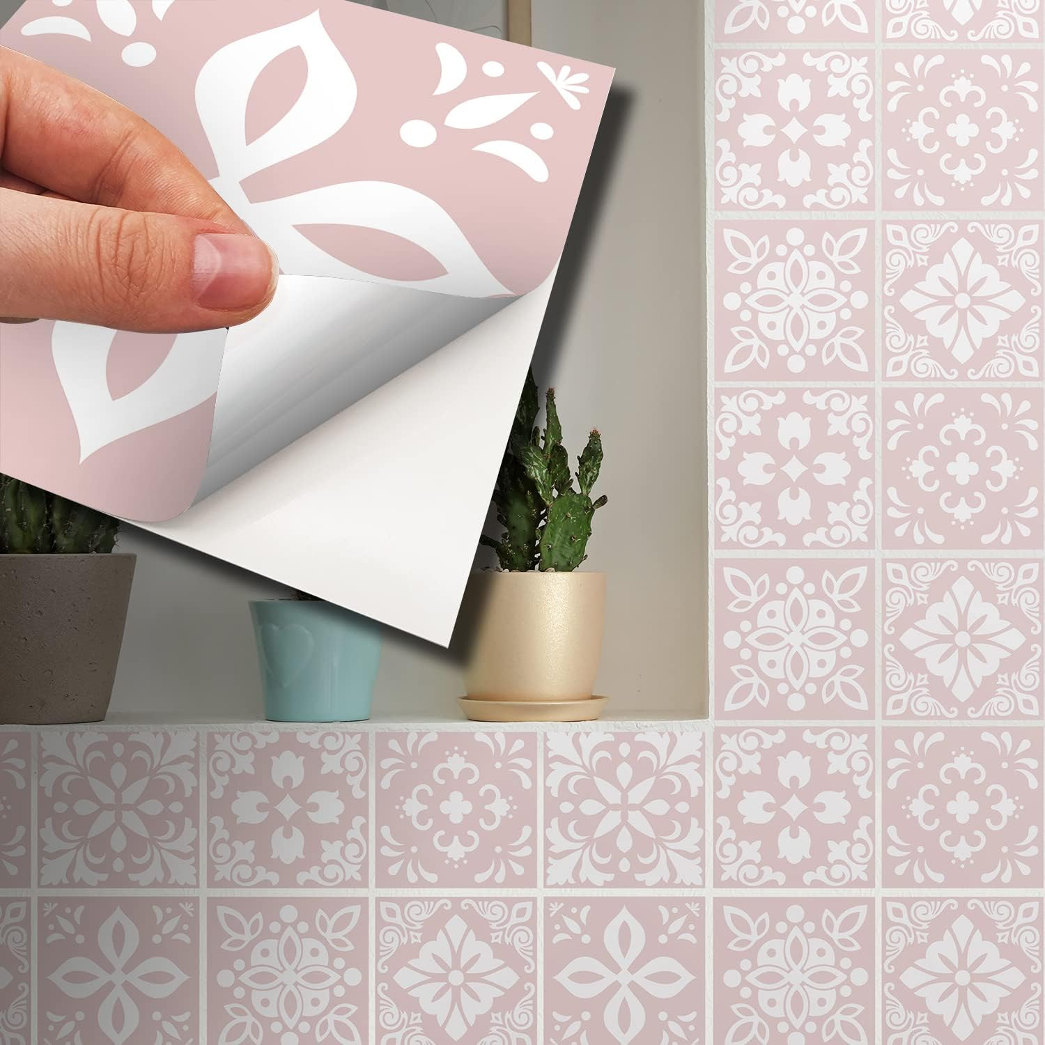 WALPLUS 15Cm 48 Pcs Sevilla Light Pink Wall Tile Stickers Peel and Stick Backsplash Self-Adhesive Vinyl Home Decor DIY Living Room Splashbacks Spring Easter Decoration Tile Paint Stick on Tiles Ideas image number 2