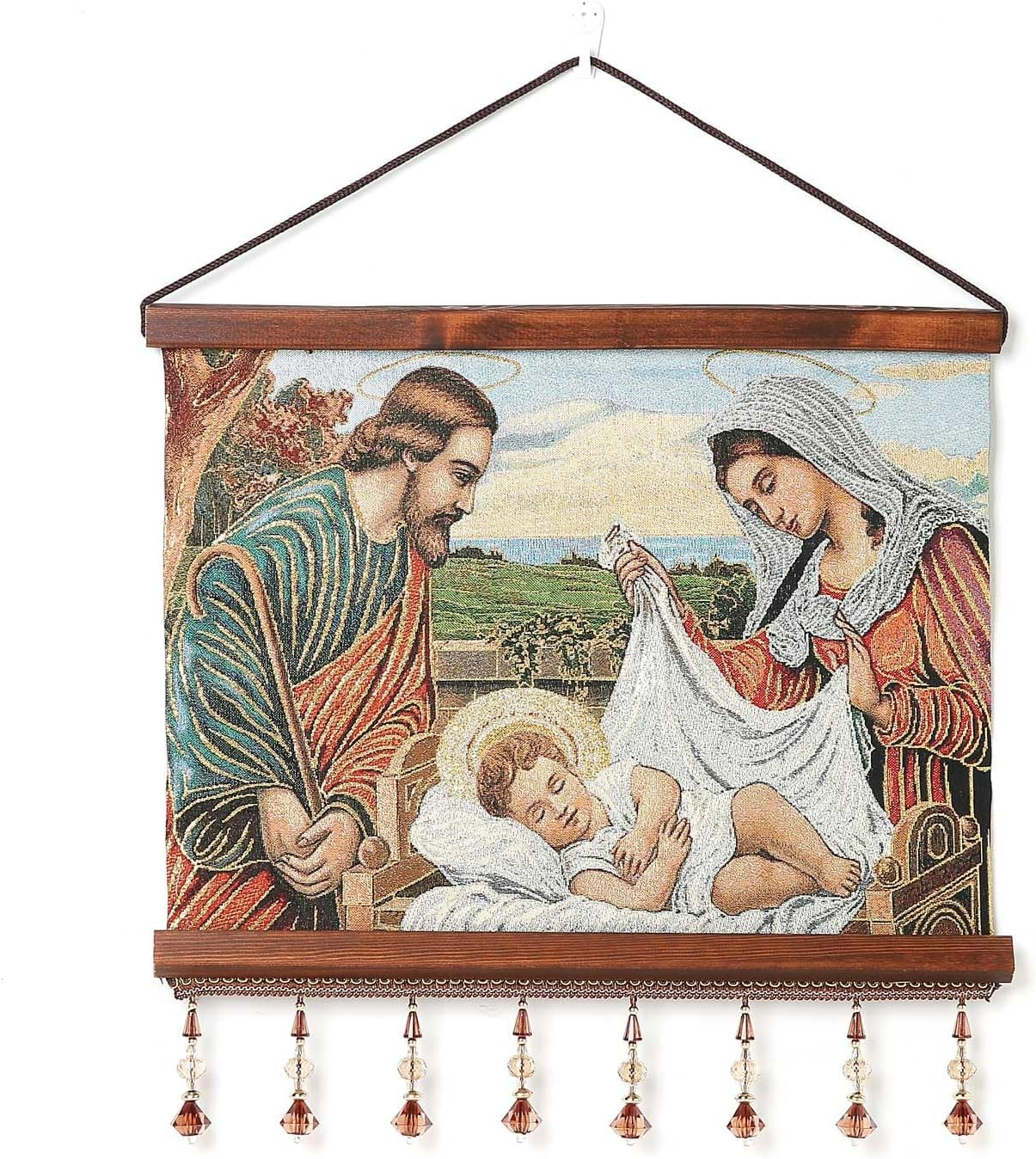 HZMAN Jesus and Virgin Mary Painting Retro Handmade Weave Wall Art Decor Sacred Heart Aesthetic Picture for Living Room Bedroom Wood Framed 16X12.5 Inch