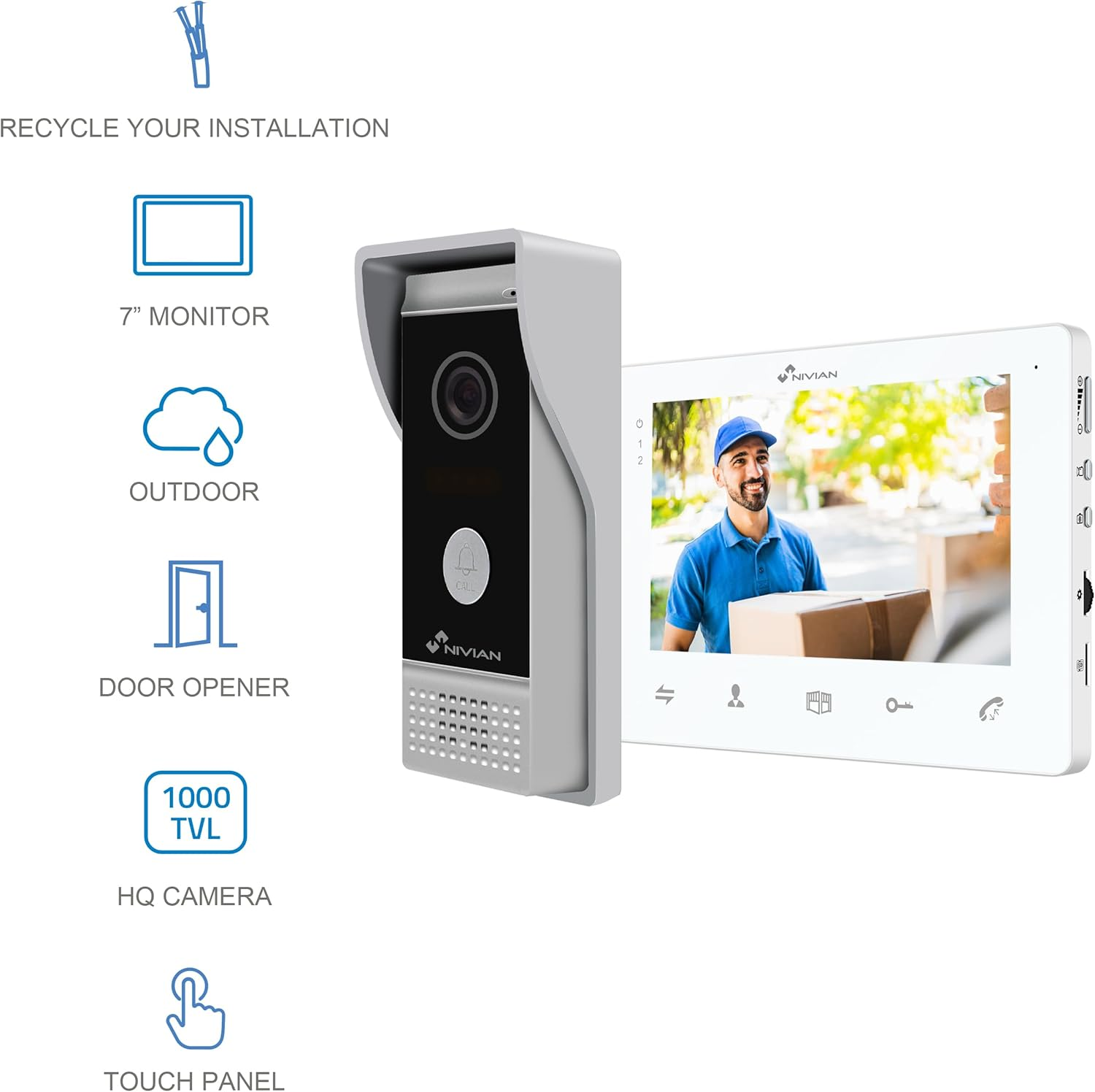 NIVIAN 2 Wire Video Door Intercom Analog with 7" Monitor, HQ Indoor Display with Bi-Directional Audio, IP65 Outdoor Plate with Night Vision, Electric Door Opener, Smart Security image number 5